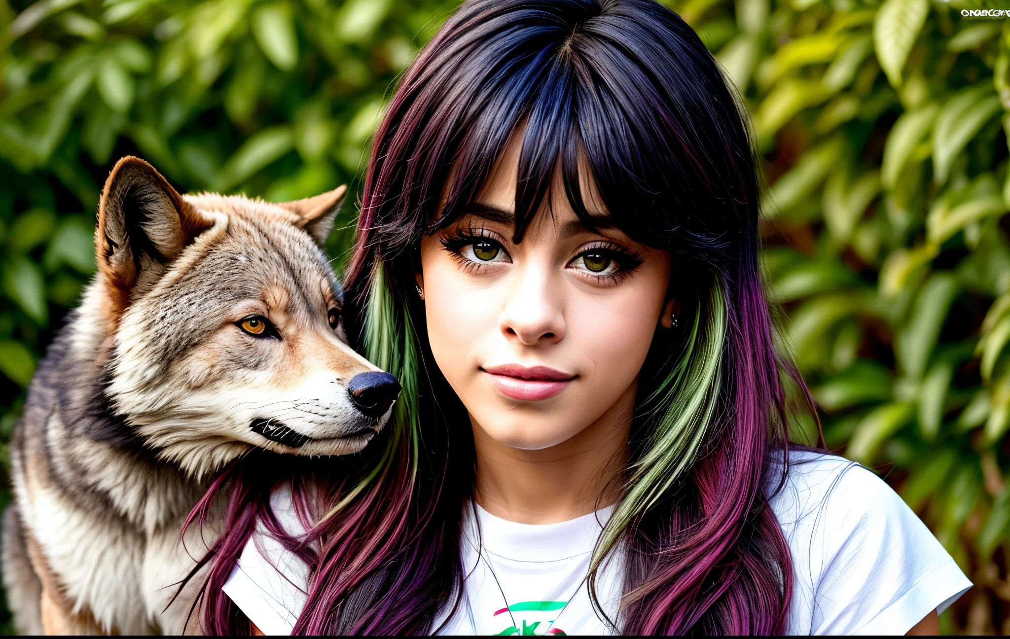 Camila Cabello encarando um grande lobo branco de olhos verdes