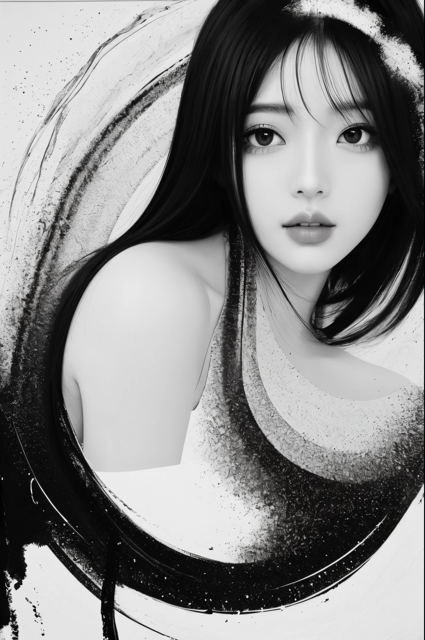 zydink, monochrome, ink sketch, 1women, asian (young women), (long hair), looking at viewer, long hair, floating hair, cleavage, gigantic breasts, (abstract ink splash:1.2), white background