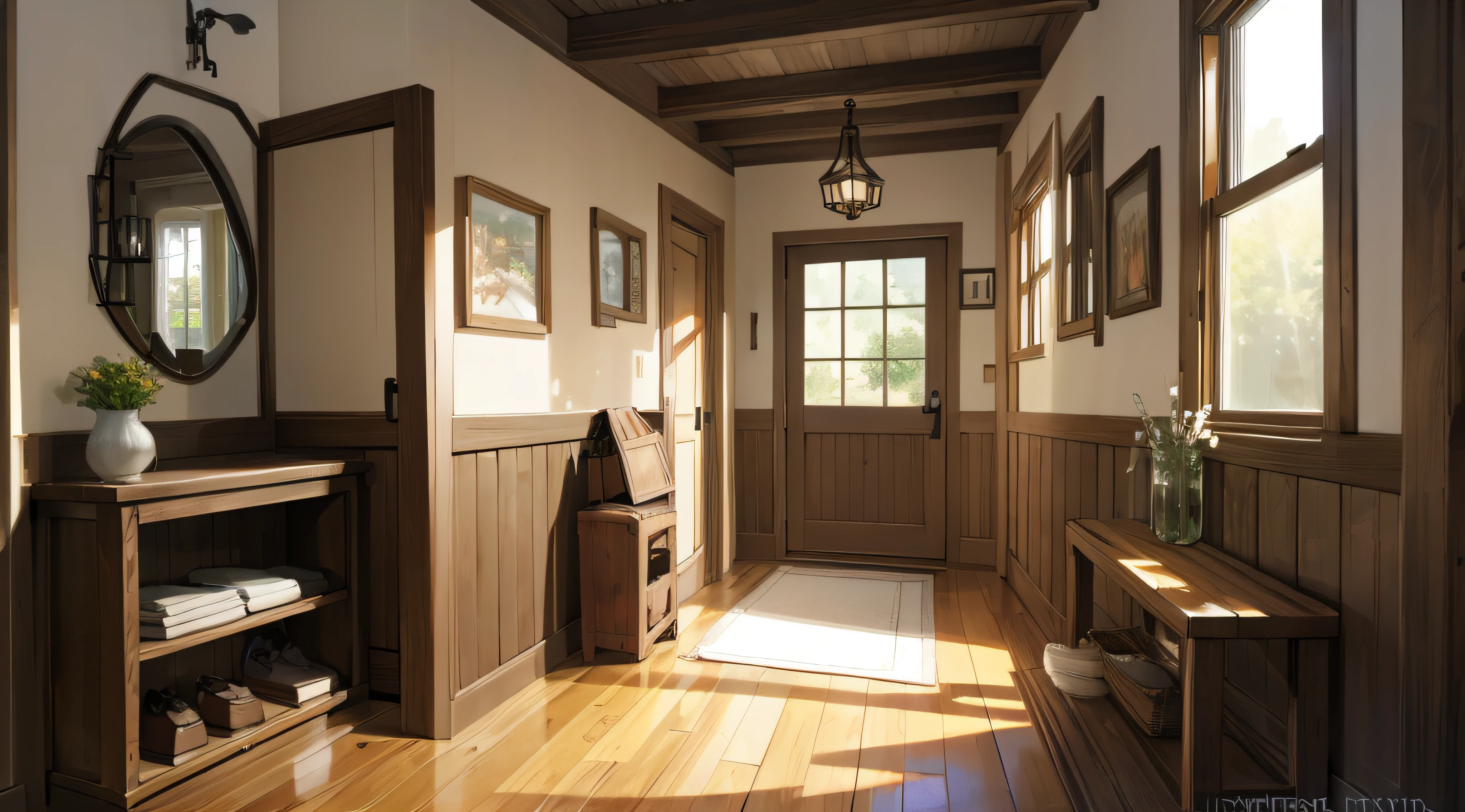 Wall-mounted coat rack above rustic bench. Farmhouse interior design of modern entrance hall.