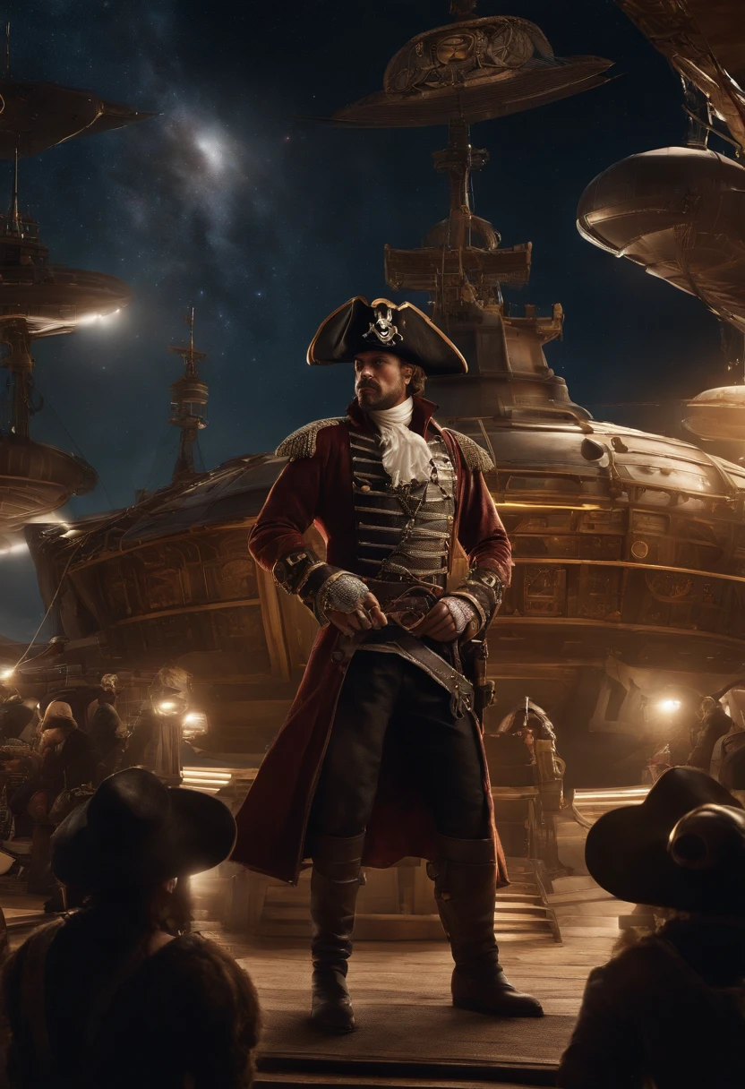 Envision an enthralling scene where highly detailed portraits of futuristic space pirates are showcased as they stand on their intricately designed pirate spaceship. Dive into extreme micro-details, capturing the unique features, attire, and expressions of each space pirate, bringing the characters to life against the cosmic backdrop.
Highlight the futuristic pirate attire of each crew member, blending space-faring technology with classic pirate elements. Zoom in on the micro-details of their clothing, accessories, and futuristic gadgets, ensuring each pirate's individuality is expressed through intricate design.
Emphasize the expressions on the space pirates' faces, capturing their personalities and the spirit of cosmic adventure. Showcase the micro-details of facial features, scars, and expressions that convey the intensity and uniqueness of each character.
Zoom in on the pirate spaceship in the background, capturing the details of the ship's design and the surrounding cosmic environment. Illuminate the scene with dynamic lighting, emphasizing both the characters and the intricate features of the ship against the vastness of space.
Consider the dynamic poses of the space pirates as they stand on the ship, ready for cosmic exploits. Capture the micro-details of their stances, gestures, and interactions, conveying the energy and camaraderie of this futuristic pirate crew.
This detailed prompt aims to inspire the creation of highly detailed portraits showcasing the micro-details of futuristic space pirates standing on their intricately designed pirate spaceship, bringing forth the unique personalities, attire, and expressions of each character against the cosmic backdrop.