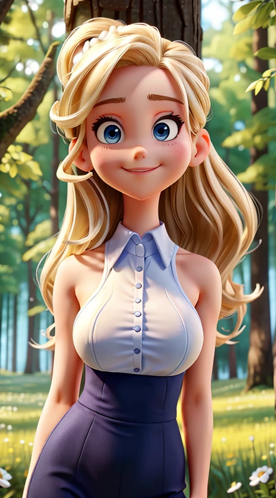 A stunning, intricate full-color portrait in Ultra-HD, detailed face, long hair tied up and making a blonde ponytail, blue eyes, Wearing pink t-shirt, sharp focus, natural lighting, Subsoil Dispersion, F2, 35mm, will be standing, posing sensually, very sexy, with chubby legs and wide hips, very small waist, in a garden, smiling and with braces, medium breasts, She will be wearing a very small wide yellow skirt that her underwear will be visible..