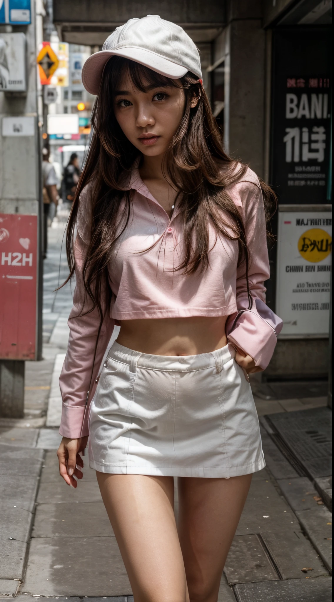 girl, asian, cap, headwear, light pink shirt, longsleeves, shirtlift, white-miniskirt, panty, against crowded on street and footpath