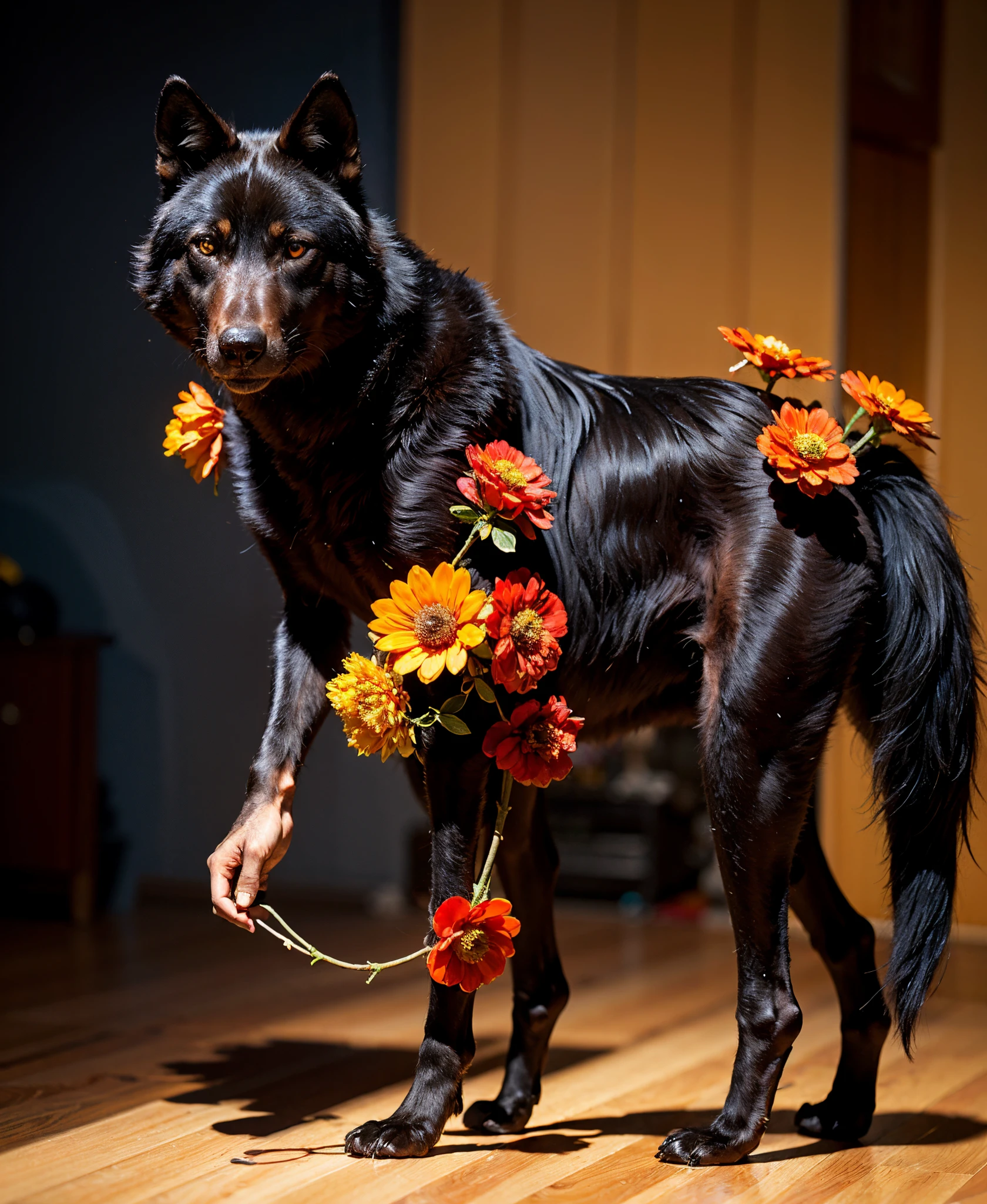 A anthromorphic wolf male in a long black dress, with black long hair, orange eyes black wolf ears and tail, with a Orange flower clip on his hair,