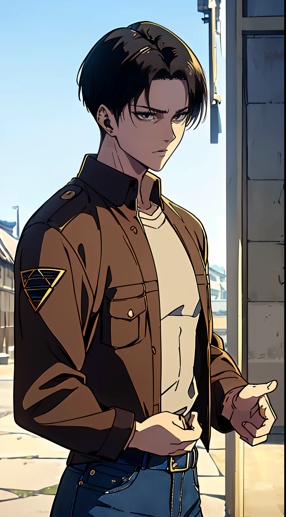((4K works))、masterpiece、(top-quality)、((high-level image quality))、((One Manly Boy))、Slim body、((Attractive and sexy jeans fashion))、((Men's Fashion))、(Detailed beautiful eyes)、town in the morning、Levi Ackerman、Attack on Titan、((short hair above the ears))、((Smaller face))、((Neutral face))、((28 year old))、((Handsome man))、((Korean Makeup))、((elongated and sharp eyes))、((Black eyes))、((Like a celebrity))、Everyday photography、((Shot alone))、((Shot diagonally from the side))、((Upper body photography))、((Sharp eyes))