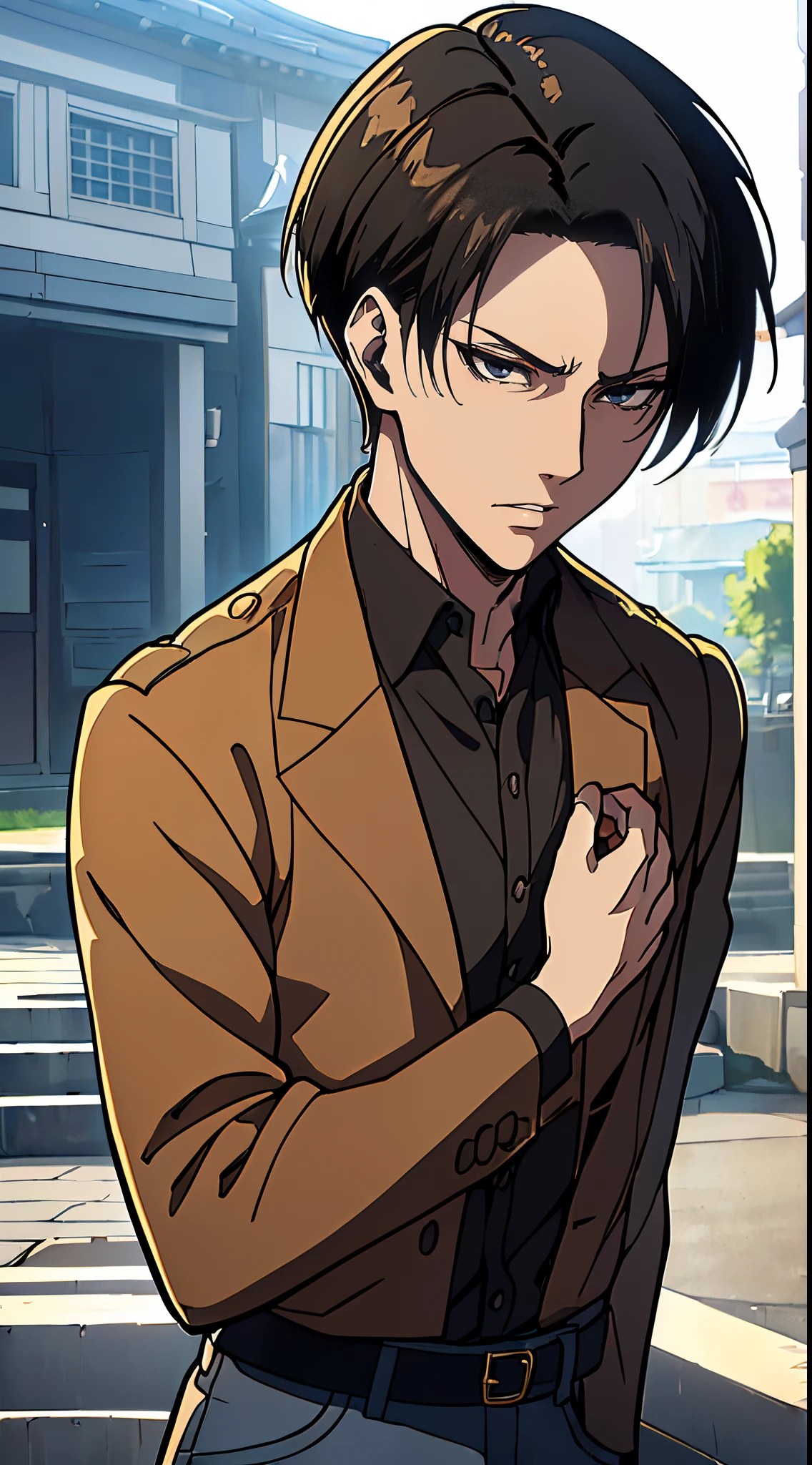 ((4K works))、masterpiece、(top-quality)、((high-level image quality))、((One Manly Boy))、Slim body、((Attractive and sexy jeans fashion))、((Men's Fashion))、(Detailed beautiful eyes)、town in the morning、Levi Ackerman、Attack on Titan、((short hair above the ears))、((Smaller face))、((Neutral face))、((28 year old))、((Handsome man))、((Korean Makeup))、((elongated and sharp eyes))、((Black eyes))、((Like a celebrity))、Everyday photography、((Shot alone))、((Shot diagonally from the side))、((Upper body photography))、((Sharp eyes))