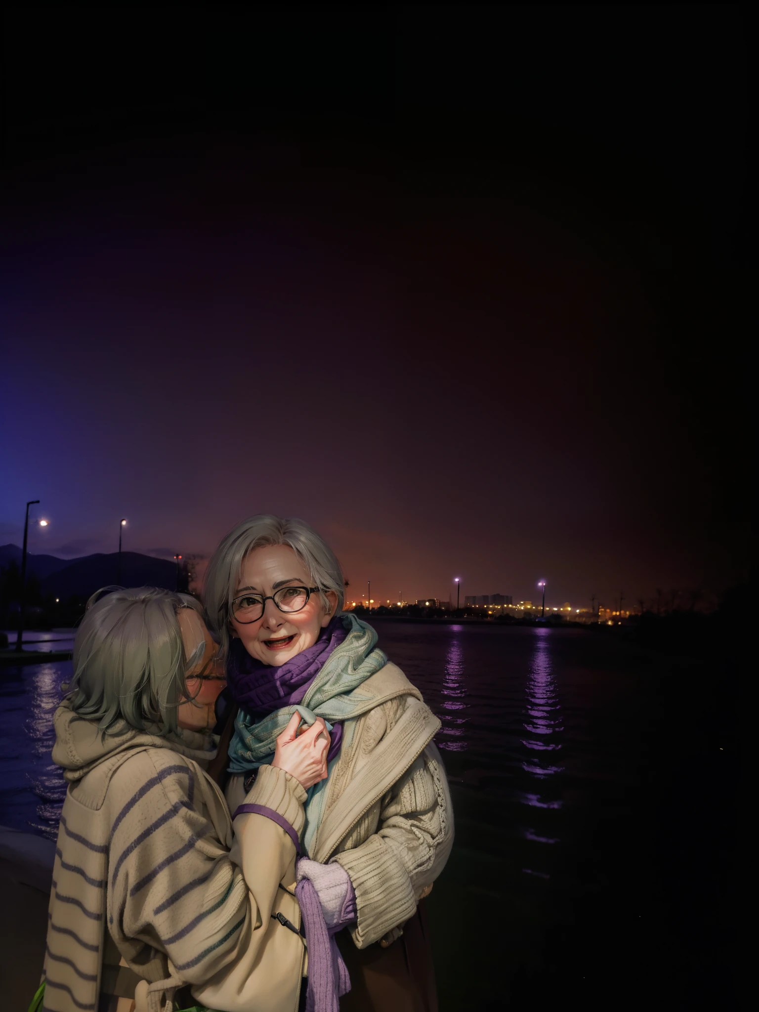 masterpiece, best quality, an old woman with glasses and a scarf on, wearing a purple coat and green scarf, standing at the park