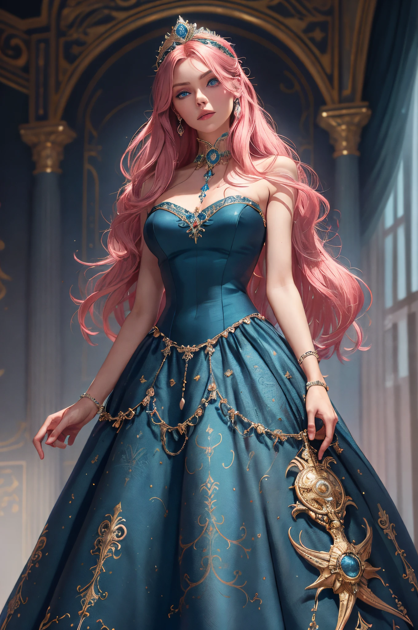 ( High quality , ultra detailed, careful with hand )Zodiac - Cancer goddess , similar to latin goodness , Intelligent, crafty, rational, strong-willed face , Tenacious, moody, irritable, oppressive style ,  ocean blue eyes(eyes detail), dark pink hair , elegant dress , in the ballroom with partner  , height difference. whole body , innocent make up look ,