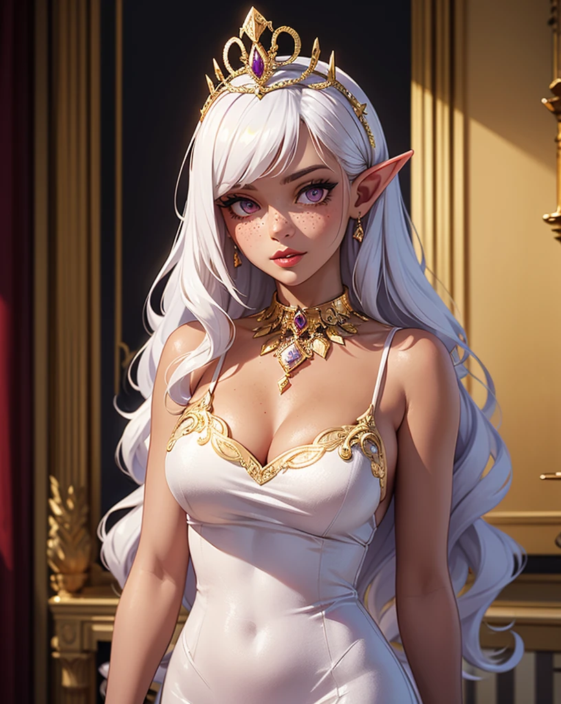 elven noble lady, 1girl, adult, medium-large breasts, medium breasts, large breasts, elf, almond-shaped eyes, violet eyes, dark tan skin, golden freckles, long hair, wavy hair, loose hair, white hair, iridescent hair, golden wreath in hair, tiara in hair, wearing elegant dress, white dress, purple dress, elaborate jewelry, beautiful face, rich lips, soft lips, golden lipstick, exquisite beauty, body towards viewer, official portrait, intelligent, regal, dutiful, powerful, queen, wise, proper, calm, slender figure, tall, royalty, palace, absurdres, high res, ultrasharp, 8K, masterpiece, looking at viewer