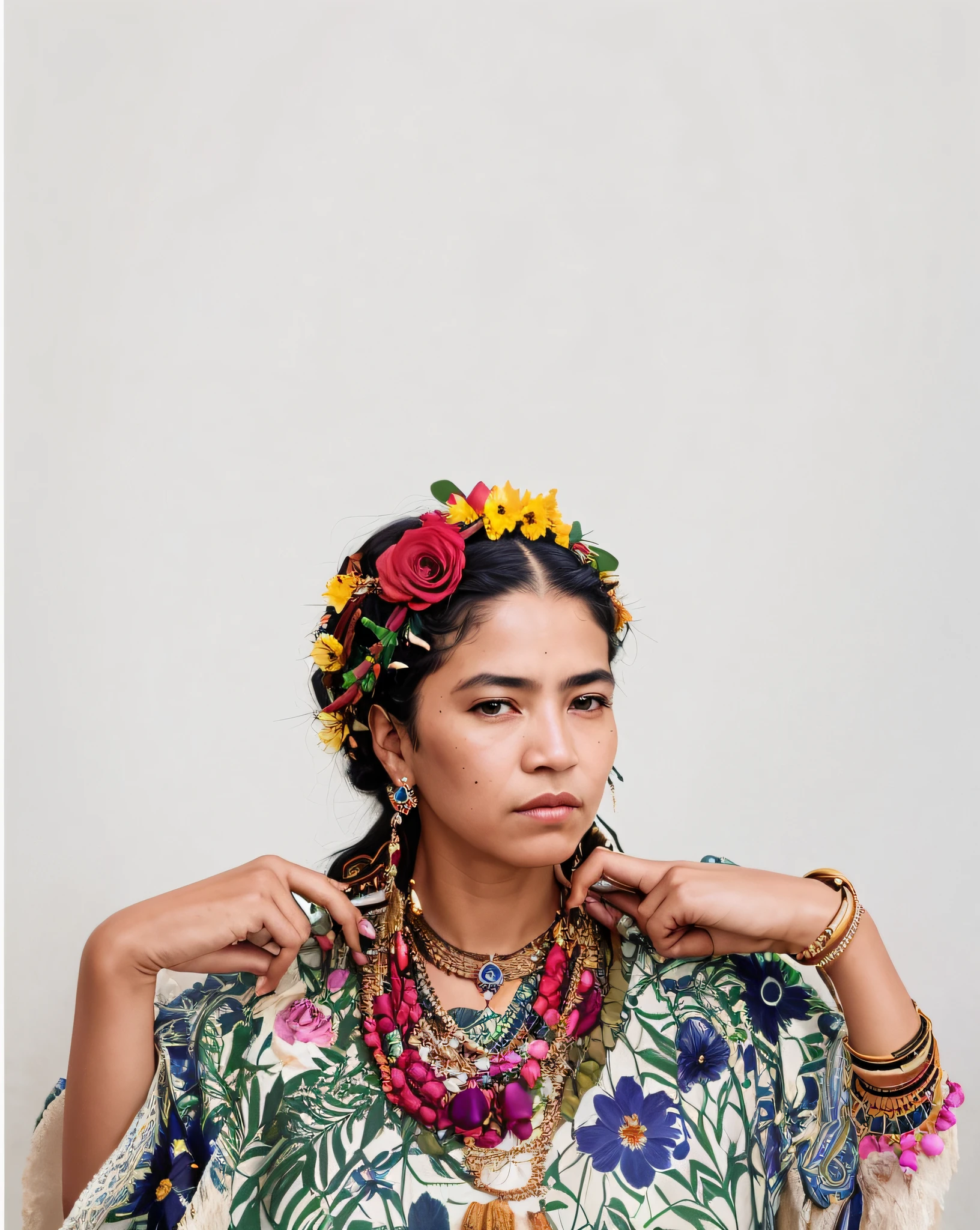 Dona Onete, typical carimbó clothes, there is a woman who is wearing a flower crown on her head, Um retrato de uma mulher rechonchuda, inspirado em Frida Kahlo, Mami Wata, Dona Onete, queen of the carimbó paraene, Amazon, Full moon in the Amazon rainforest, the oracle of the mayan elders, inspirado em Kahlo, She is Brazilian, Directed by: Terese Nielsen, imagem retrato, inspired by Verónica Ruiz de Velasco,