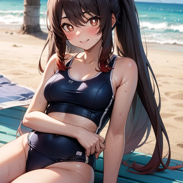 masterpiece, Highest quality, Earrings, Pink Swimsuit, Black Hair, belt, Small breasts, Alone, Upper Body, hot, Sweating a lot, Chair, Sitting, Long Hair, looking at the camera, Ocean, beach, Take off, Pause, blush, Embarrassing, angry