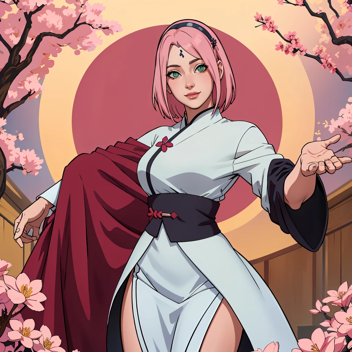 (((Traje formal))), Obra maestra， La mejor calidad en el mejor de los casos， 1girll， Sakura Haruno， senos grandes，Vestimenta fuera del hombro，（escote)，（Primer plano de la parte superior del cuerpo)，Criado sexy，is shy，smil，con cabello rosado， Pelo largo blanquecino， （Globos oculares verdes:1.4)， Forehead protection， Los cerezos，Cerezos en flor volando，Ropa roja, Figura tetona, :1.1, :1.1, Ahegao:1.1