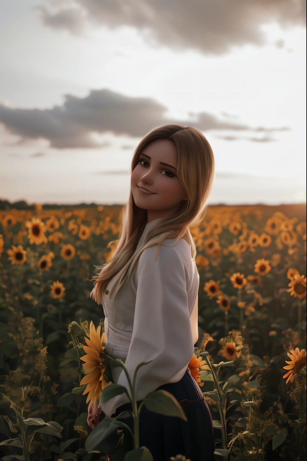 there is a polish woman standing in a field of sunflowers, infp young woman, polish girl standing in a flower field, standing in a flower field, polish girl frontal in a flower field, during golden hour, polish woman standing in flower field, during a sunset, at golden hour, polish girl in a flower field, polish girl standing in flower field, standing in flower field, beautiful and smiling