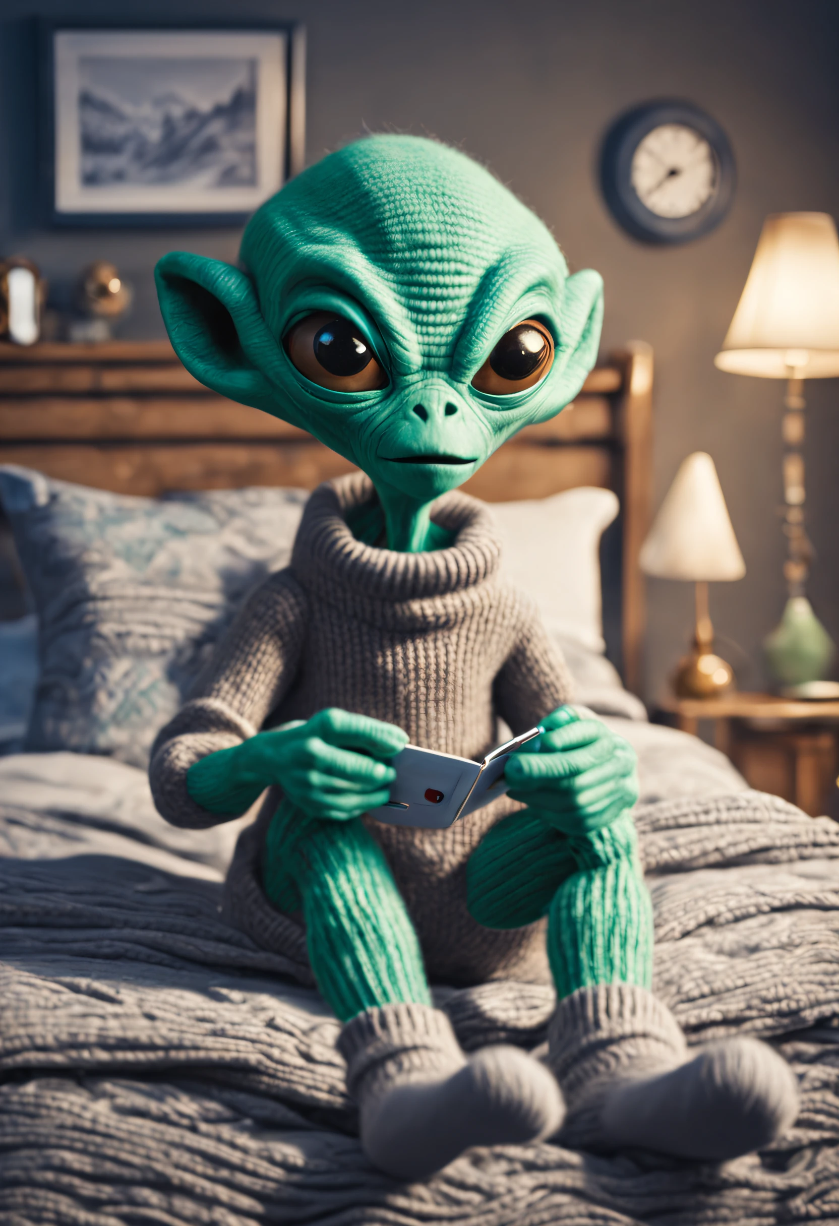 A realistic and detailed alien who sits on his bed, he tries to put on his old chunky knit wool socks with old school designs.