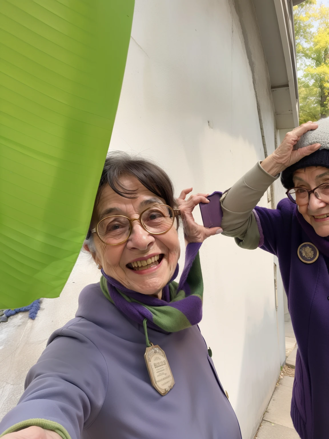 masterpiece, best quality, an old woman with glasses and a scarf on, wearing a purple coat and green scarf, standing at the park