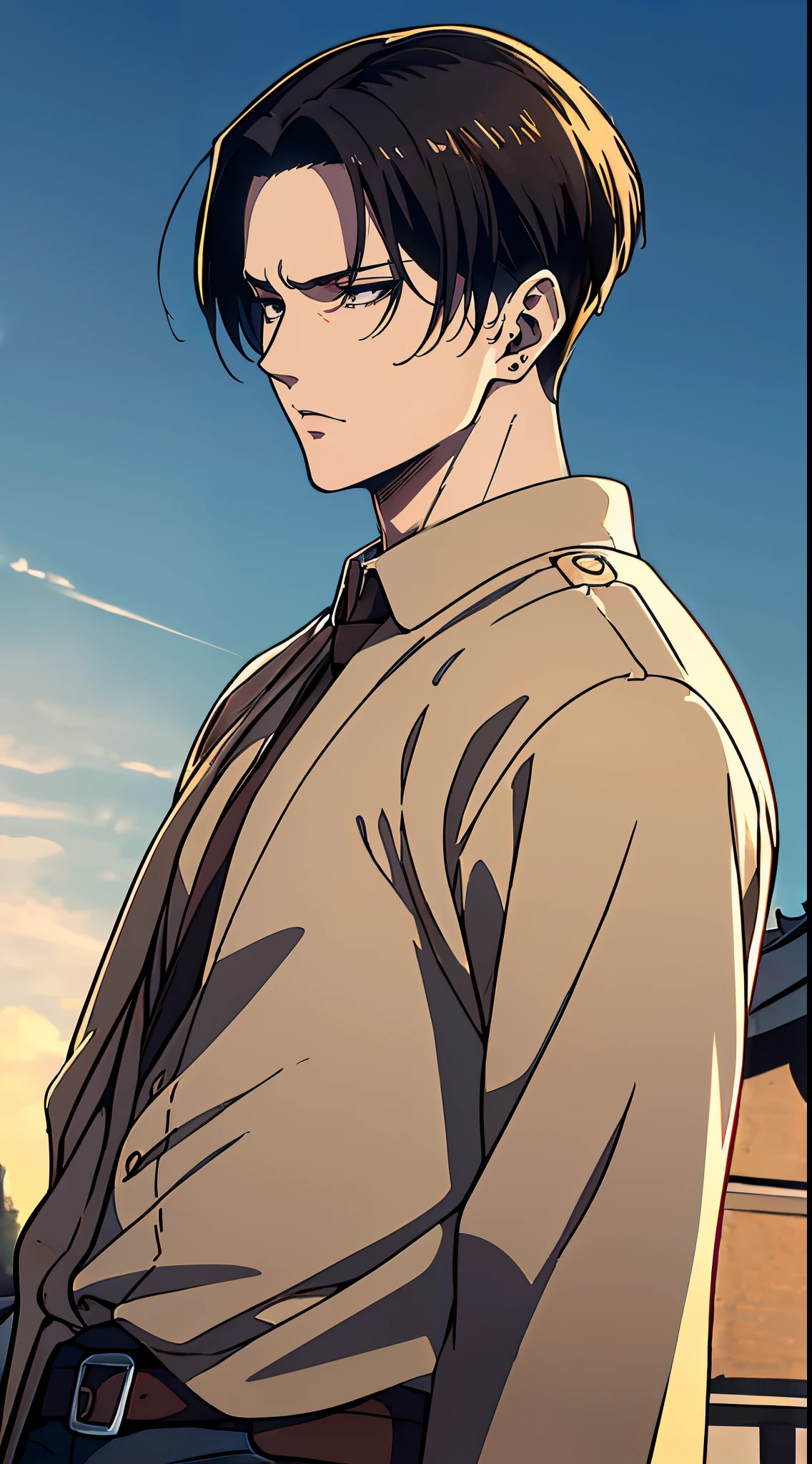 ((4K works))、​masterpiece、（top-quality)、((high-level image quality))、((One Manly Boy))、Slim body、((Attractive and sexy jeans fashion))、((Men's Fashion))、(Detailed beautiful eyes)、town in the morning、Levi Ackerman、Attack on Titan、((short hair above the ears))、((Smaller face))、((Neutral face))、((28 year old))、((Handsome man))、((Korean Makeup))、((elongated and sharp eyes))、((Black eyes))、((Like a celebrity))、Everyday photography、((Shot alone))、((Shot diagonally from the side))、((Upper body photography))、((Sharp eyes))