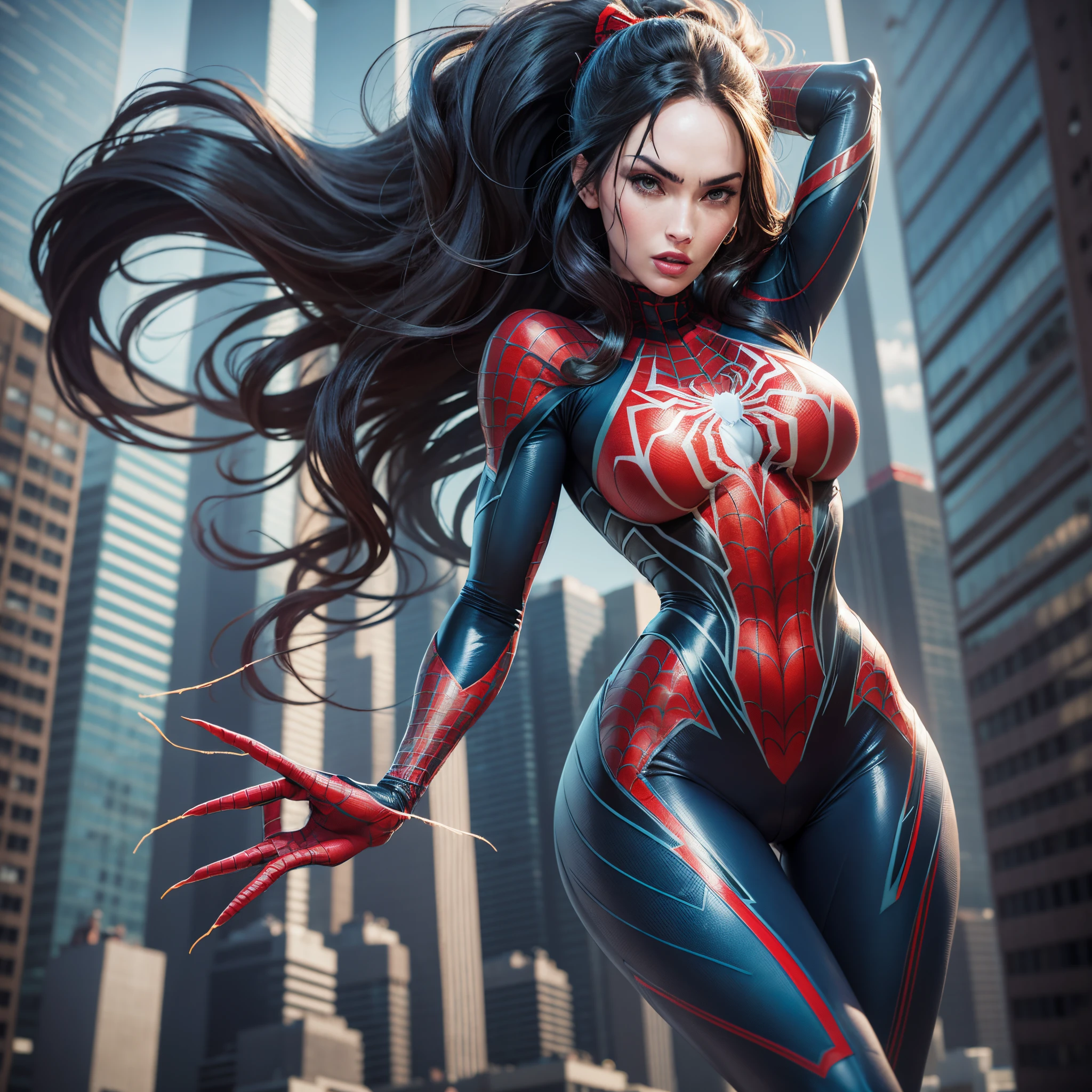 Genera una imagen de Megan Fox vistiendo un traje de Spider-Man. The suit fits perfectly to his figure and retains the characteristic colors and symbols of the iconic superhero. Megan, With a dynamic and energetic pose, It is found swinging between the skyscrapers of a city, using his spider abilities skillfully. Her hair falls in the wind while her intense gaze reflects determination and bravery.. The image captures the perfect combination of beauty and strength, showcasing Megan Fox as a captivating and powerful performance as Spider-Man. --auto --s2