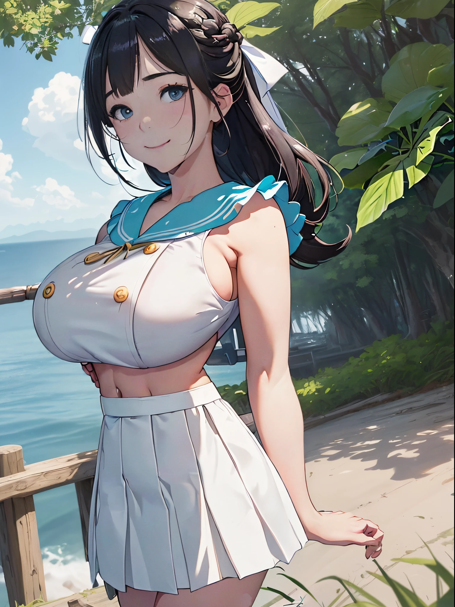 (8k、RAW Photography、Top image quality、​masterpiece:1.2)、(realisitic、Photorealsitic:1.37)、The ultra-detailliert、Beautiful girl in her 20s、white sailor uniform、pleatedskirt、Full body with nature background、Smiling、(huge-breasted:1.5)、eye glass、Cute hairstyle