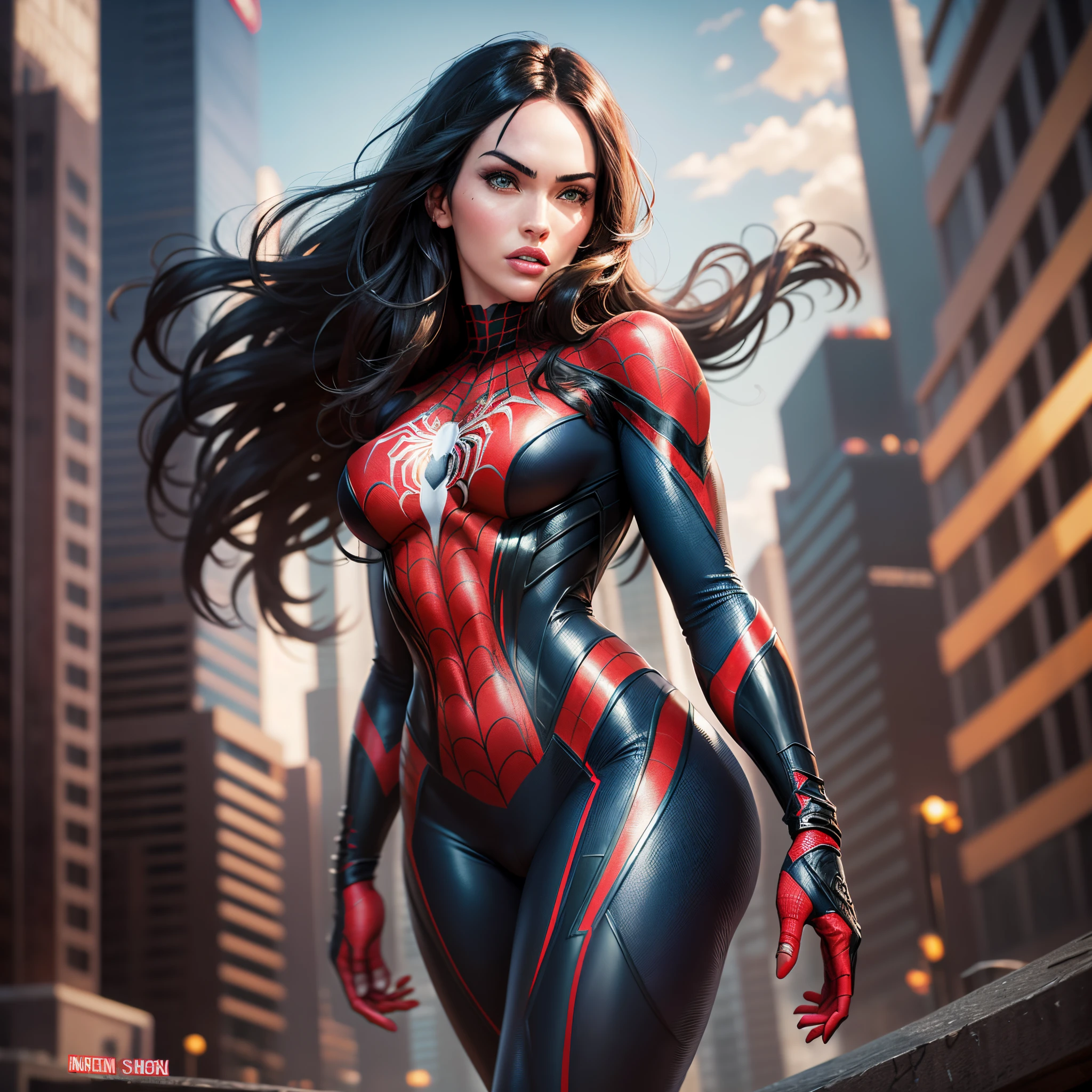 Genera una imagen de Megan Fox vistiendo un traje de Spider-Man. The suit fits perfectly to his figure and retains the characteristic colors and symbols of the iconic superhero. Megan, With a dynamic and energetic pose, It is found swinging between the skyscrapers of a city, using his spider abilities skillfully. Her hair falls in the wind while her intense gaze reflects determination and bravery.. The image captures the perfect combination of beauty and strength, showcasing Megan Fox as a captivating and powerful performance as Spider-Man. --auto --s2