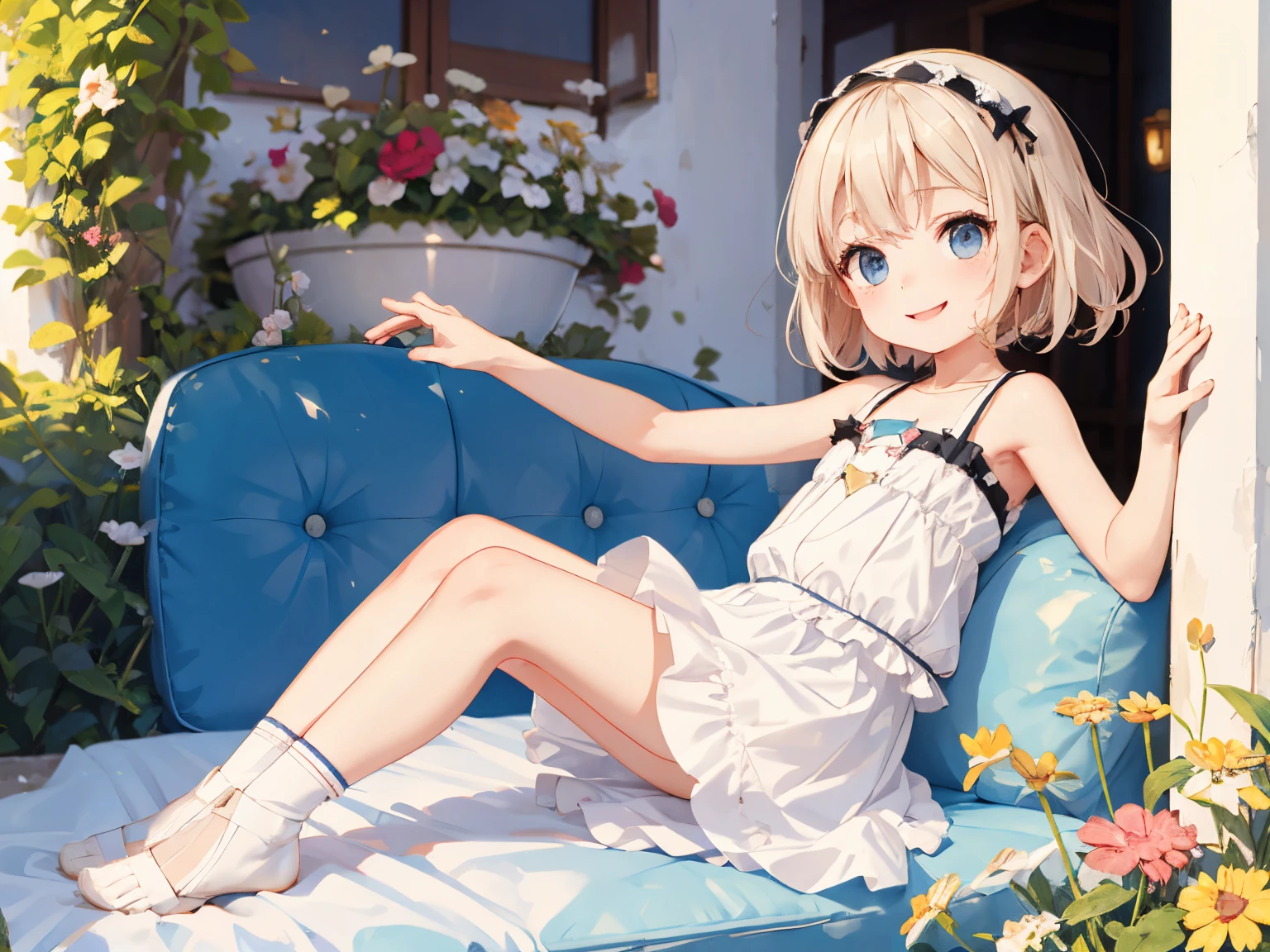 Best Quality, ultra-detailliert, Lolita Fashion, 1 young girl（8years old）,a beauty girl，A smile， Arm in arm, platinum-blonde-hair, in amalfi，flat chest，Perfect limbs，The morning sun shines