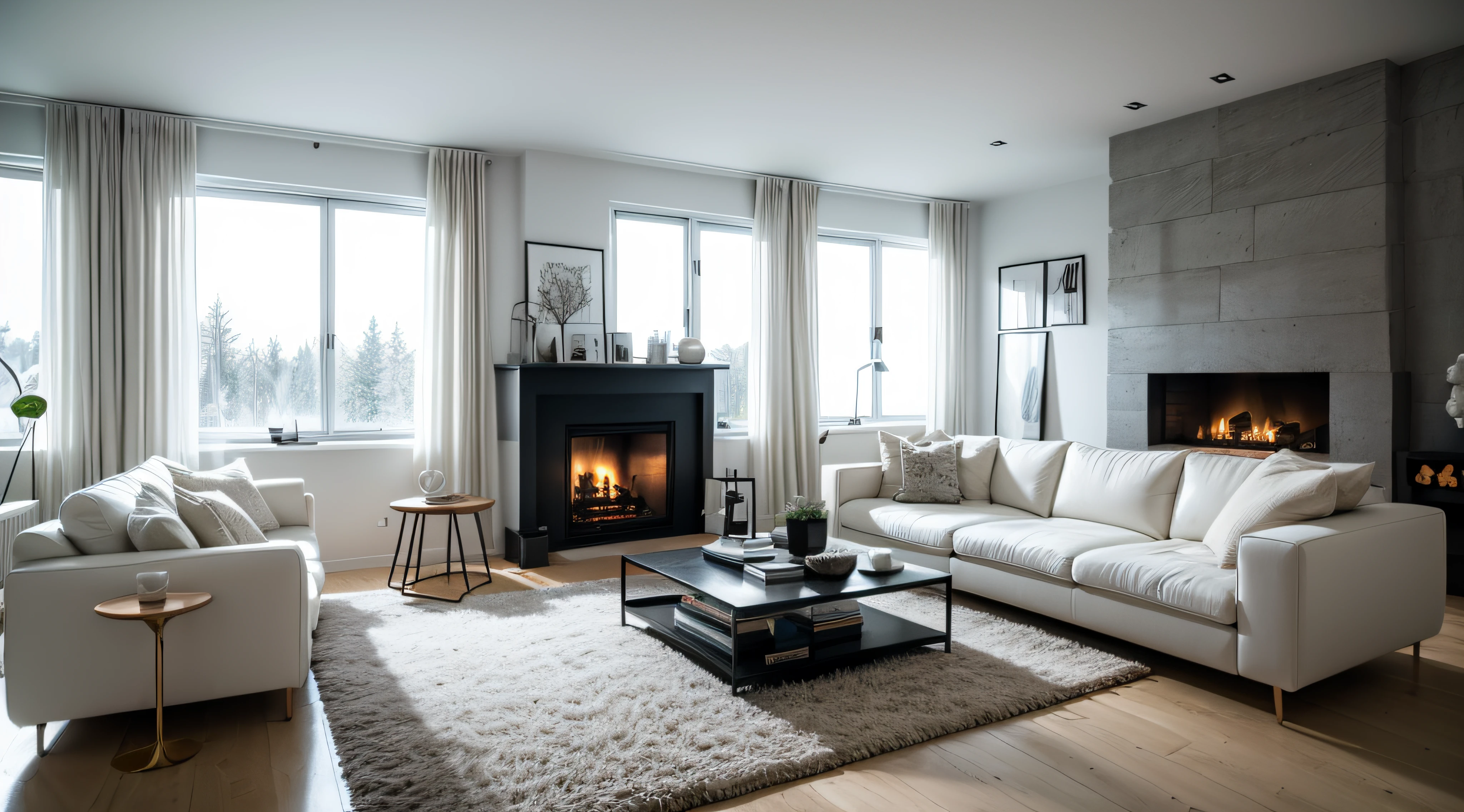 White corner sofa near fireplace. Scandinavian home interior design of modern living room