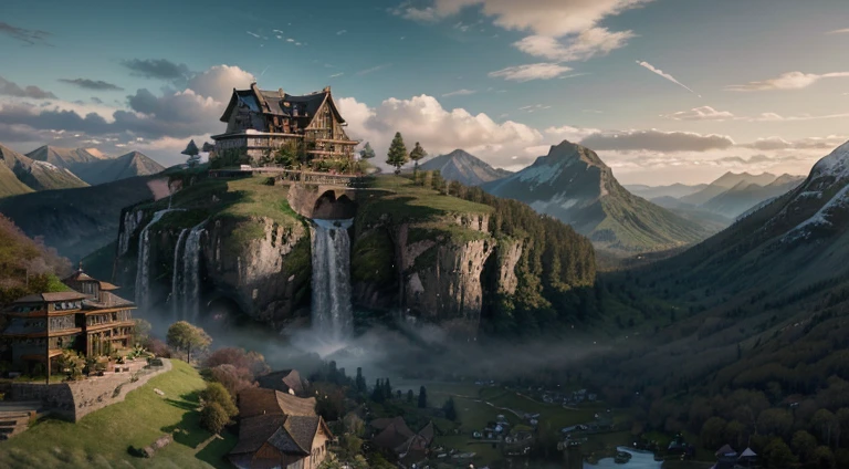 Painting of a waterfall in a mountainous area with a house on top, Vertical wallpaper, 4 K Vertical Wallpaper, 4K vertical wallpaper, 8 K Vertical Wallpaper, 8K vertical wallpaper, by Ross Tran. scenic background, Beautiful matte painting, Matte painting 4 K, detailed scenery —width 672, Beautiful wallpapers for iPhone, Avatar Landscape, based on Raphael Lacoste