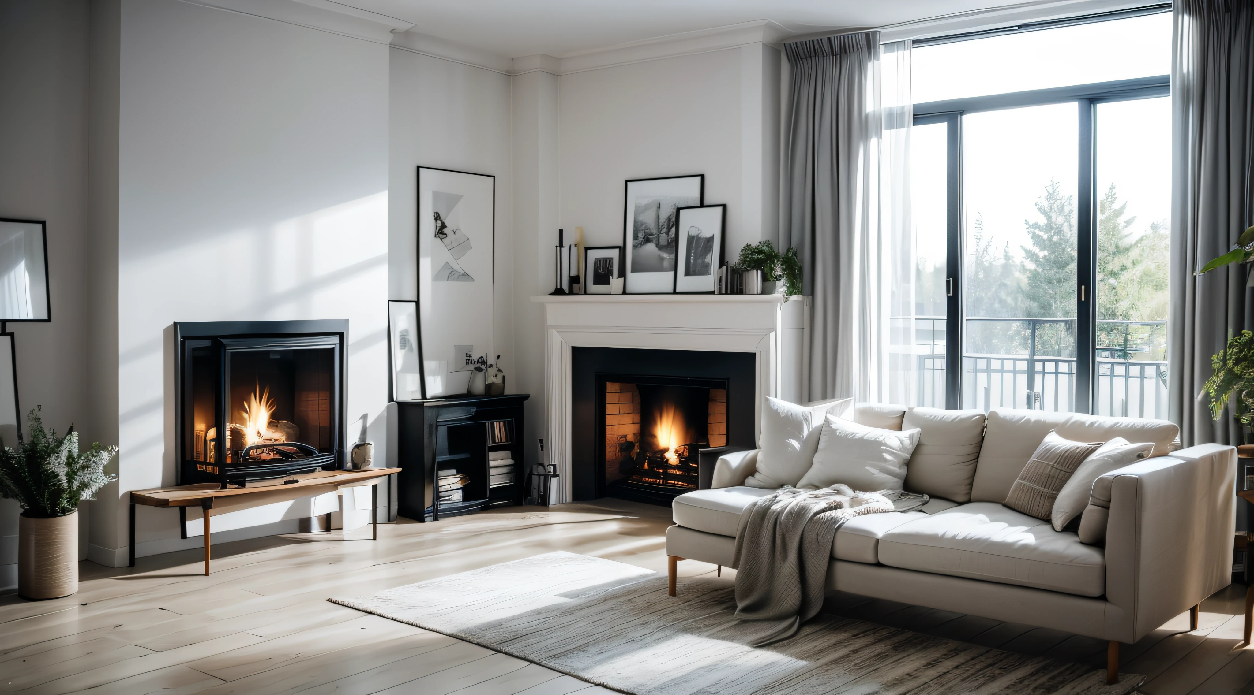 White corner sofa near fireplace. Scandinavian home interior design of modern living room