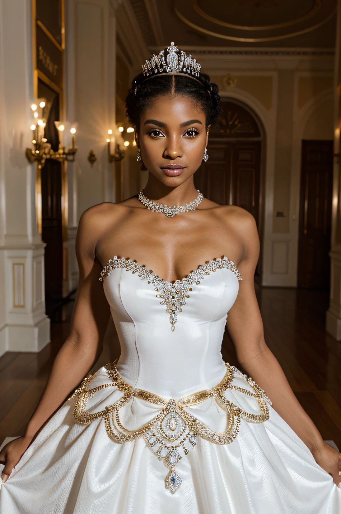 bust of a black woman, classical ballet dancer, the costume is white, she is wearing a princess crown with diamond stones, photoshoot, view from the front.