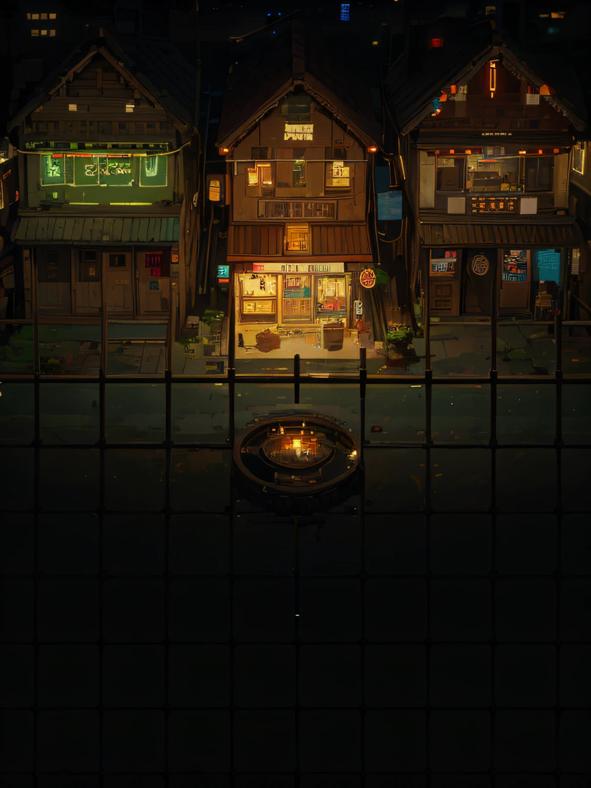 pixelart, a close-up of a cyberpunk neon village scene, top-down view