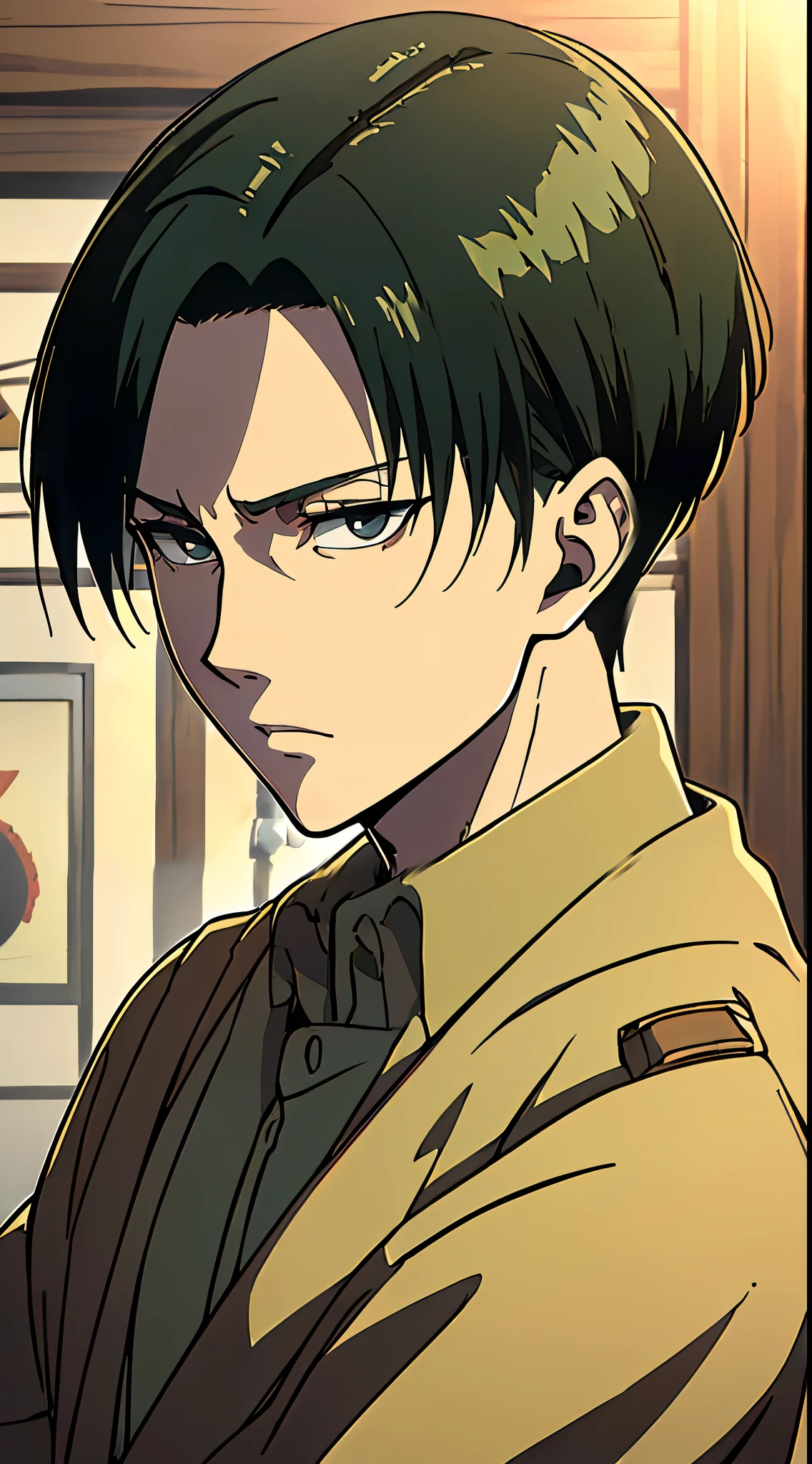 ((4K works))、​masterpiece、（top-quality)、((high-level image quality))、((One Manly Boy))、Slim body、((green survey corps fashion))、((Men's Fashion))、(Detailed beautiful eyes)、town in the morning、Levi Ackerman、Attack on Titan、((short hair above the ears))、((Smaller face))、((Neutral face))、((28 year old))、((Handsome man))、((Korean Makeup))、((elongated and sharp eyes))、((Black eyes))、((Like a celebrity))、Everyday photography、((Shot alone))、((Shot diagonally from the side))、((Upper body photography))、((Sharp eyes))