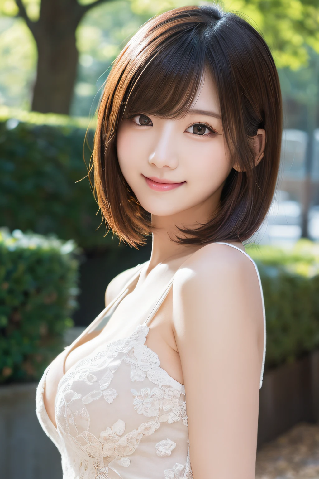 masutepiece, Best Quality, Illustration, Ultra-detailed, finely detail, hight resolution, 8K Wallpaper, Perfect dynamic composition, Beautiful detailed eyes, (Symmetrical eyes:1.3)、Women's Fashion,Very short hair,Small breasts natural color lip, Bold sexy poses,Smile,Harajuku、20 years girl、Cute、Sexy shot looking at camera、pesant dress、Background outdoor