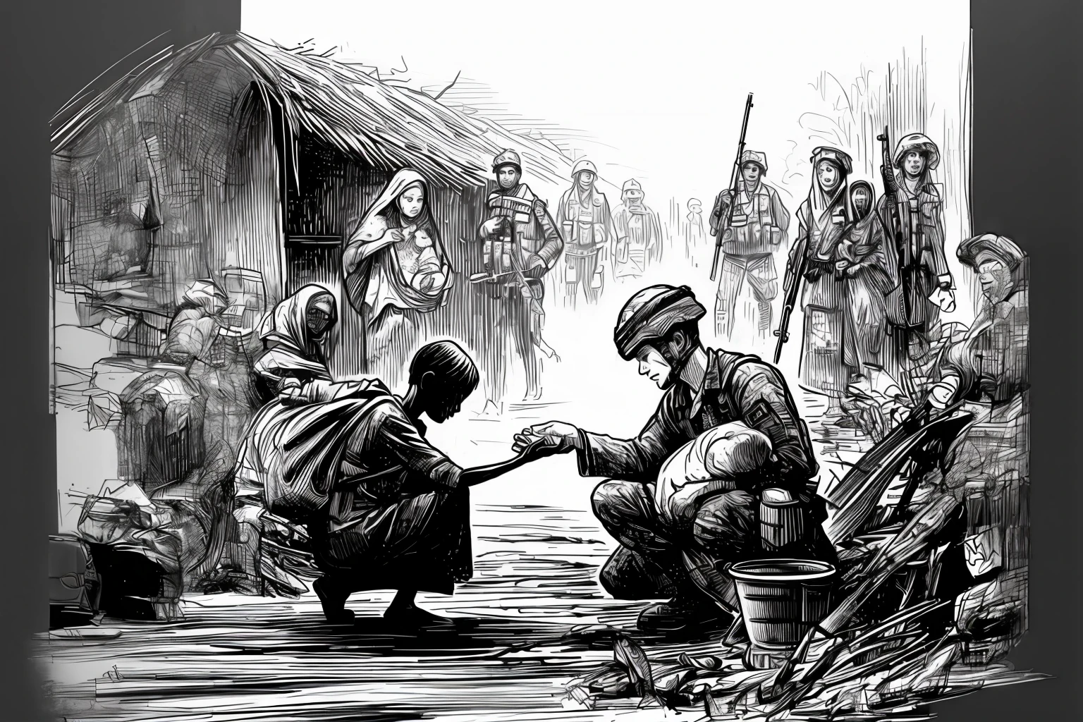fill hut and people, detailed sketch.