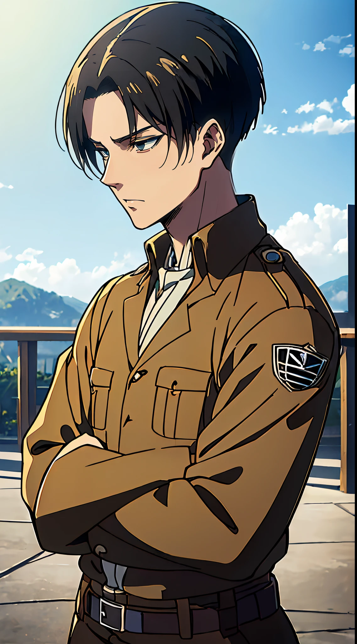 ((4K works))、​masterpiece、（top-quality)、((high-level image quality))、((One Manly Boy))、Slim body、((green survey corps fashion))、((Men's Fashion))、(Detailed beautiful eyes)、town in the morning、Levi Ackerman、Attack on Titan、((short hair above the ears))、((Smaller face))、((Neutral face))、((28 year old))、((Handsome man))、((Korean Makeup))、((elongated and sharp eyes))、((Black eyes))、((Like a celebrity))、Everyday photography、((Shot alone))、((Shot diagonally from the side))、((Upper body photography))、((Sharp eyes))