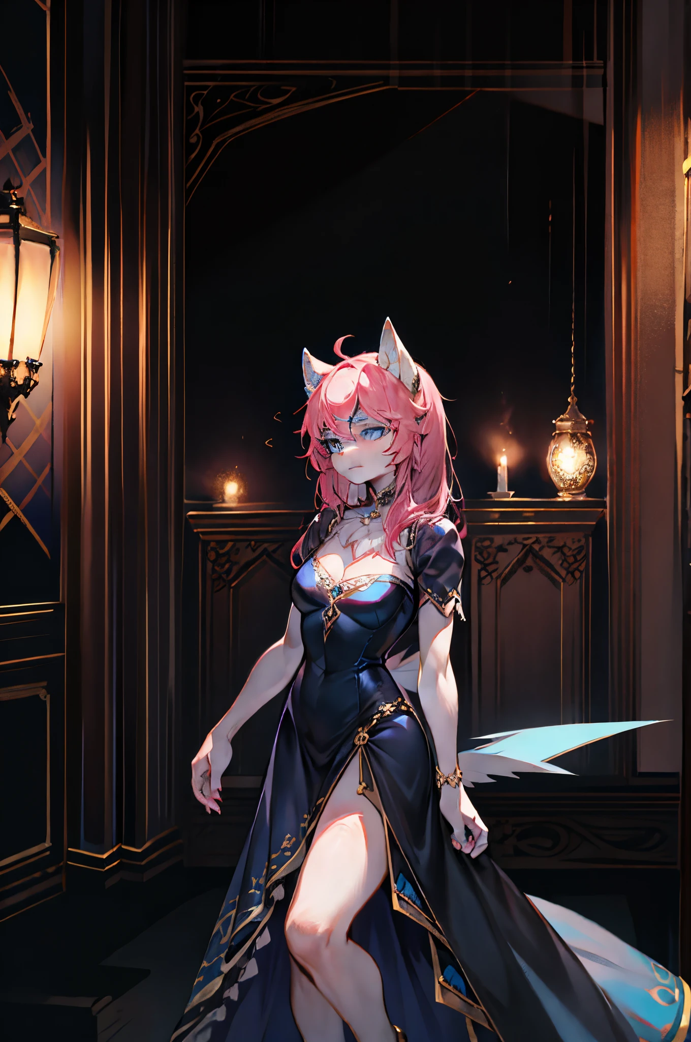 ( High quality , ultra detailed, careful with hand )Zodiac - Cancer goddess , similar to latin goodness , Intelligent, crafty, rational, strong-willed face , Tenacious, moody, irritable, oppressive style , ocean blue eyes(eyes detail), dark pink hair , elegant dress , in the ballroom with partner , height difference. whole body , innocent make up look , 1boy, 1girl,