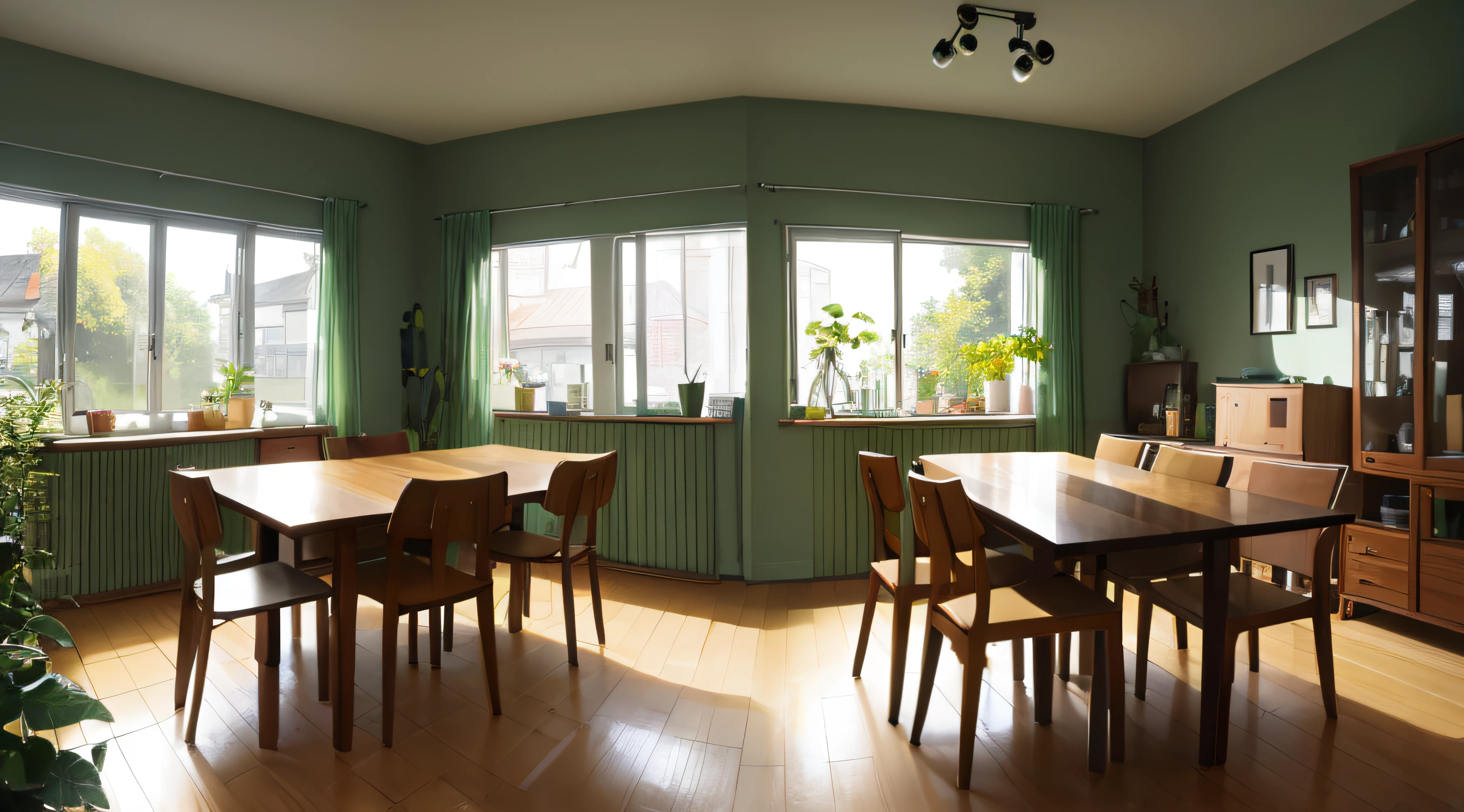 Wooden dining table and chairs against green wall. Scandinavian, mid-century home interior design of modern dining room
