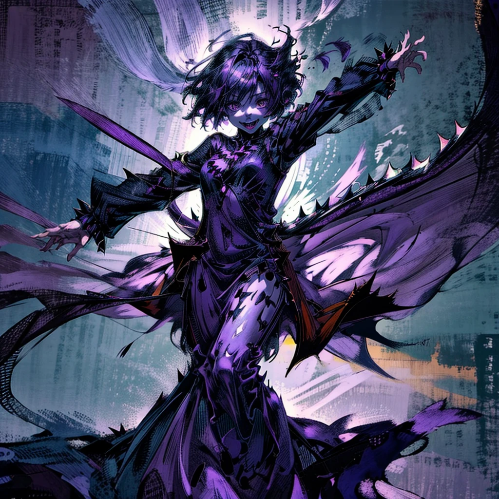 ghost, (Monster Girl), Purple skin, spikes, spiky purple hair, Fanged smile, floating hands, Wearing a dark purple dress, Floating in mid-air, masutepiece, Best Quality