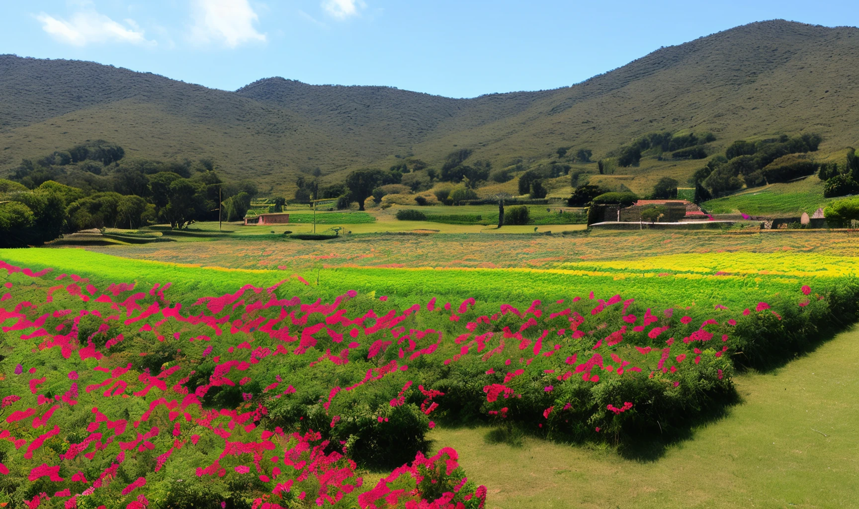 Casa, campo, flores, sol, fada