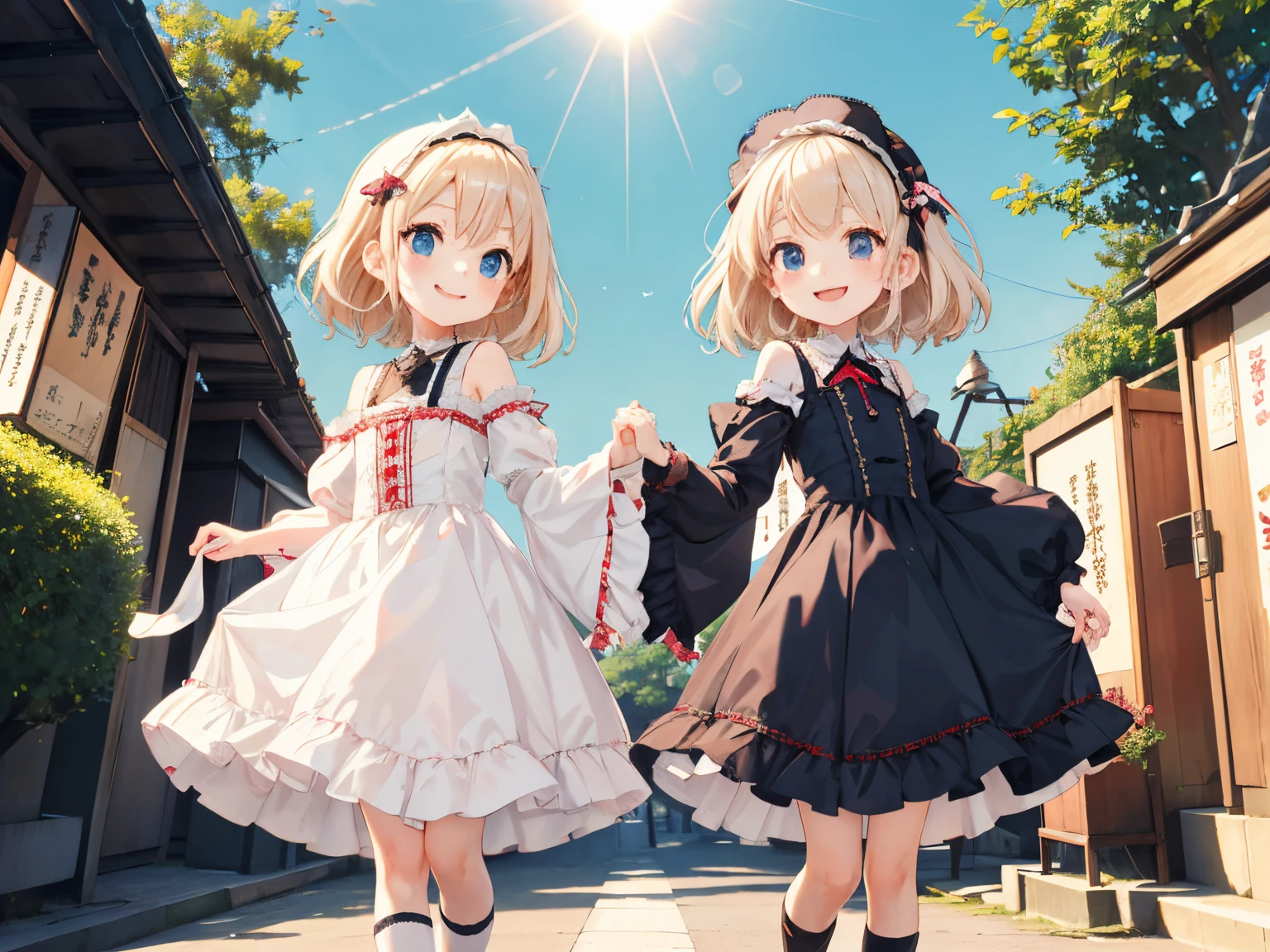 Best Quality, ultra-detailliert, Lolita Fashion, 2 young girls(8ars old),a beauty girl,A smile, Arm in arm, platinum-blonde-hair, At Tokyo Tower,flat chest,Perfect limbs,The morning sun shines