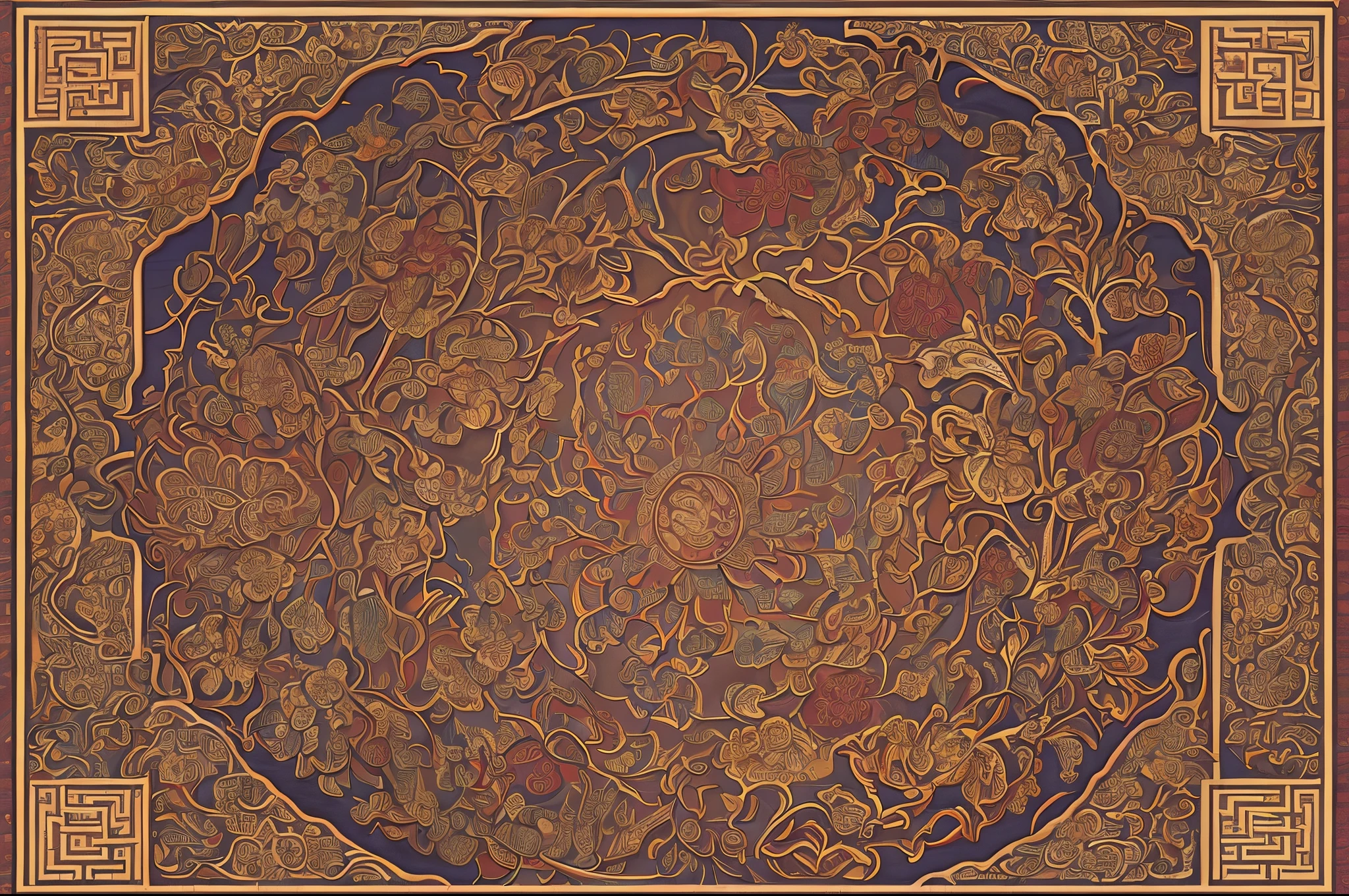 Chinese carpet,splendid,Elegant,court elements,Contains Chinese border,Super fine texture,Floral relief style dark pattern shading,The lines are straight,Overall symmetry,datura,Ancient decorative illustrations,Highest image quality,highest details,ornate motifs,oriental art nouveau,Buddhist mandala