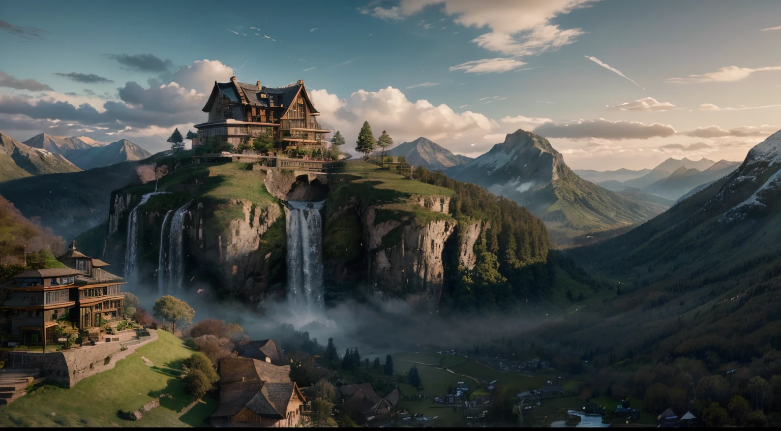 Painting of a waterfall in a mountainous area with a house on top, Vertical wallpaper, 4 K Vertical Wallpaper, 4K vertical wallpaper, 8 K Vertical Wallpaper, 8K vertical wallpaper, by Ross Tran. scenic background, Beautiful matte painting, Matte painting 4 K, detailed scenery —width 672, Beautiful wallpapers for iPhone, Avatar Landscape, based on Raphael Lacoste