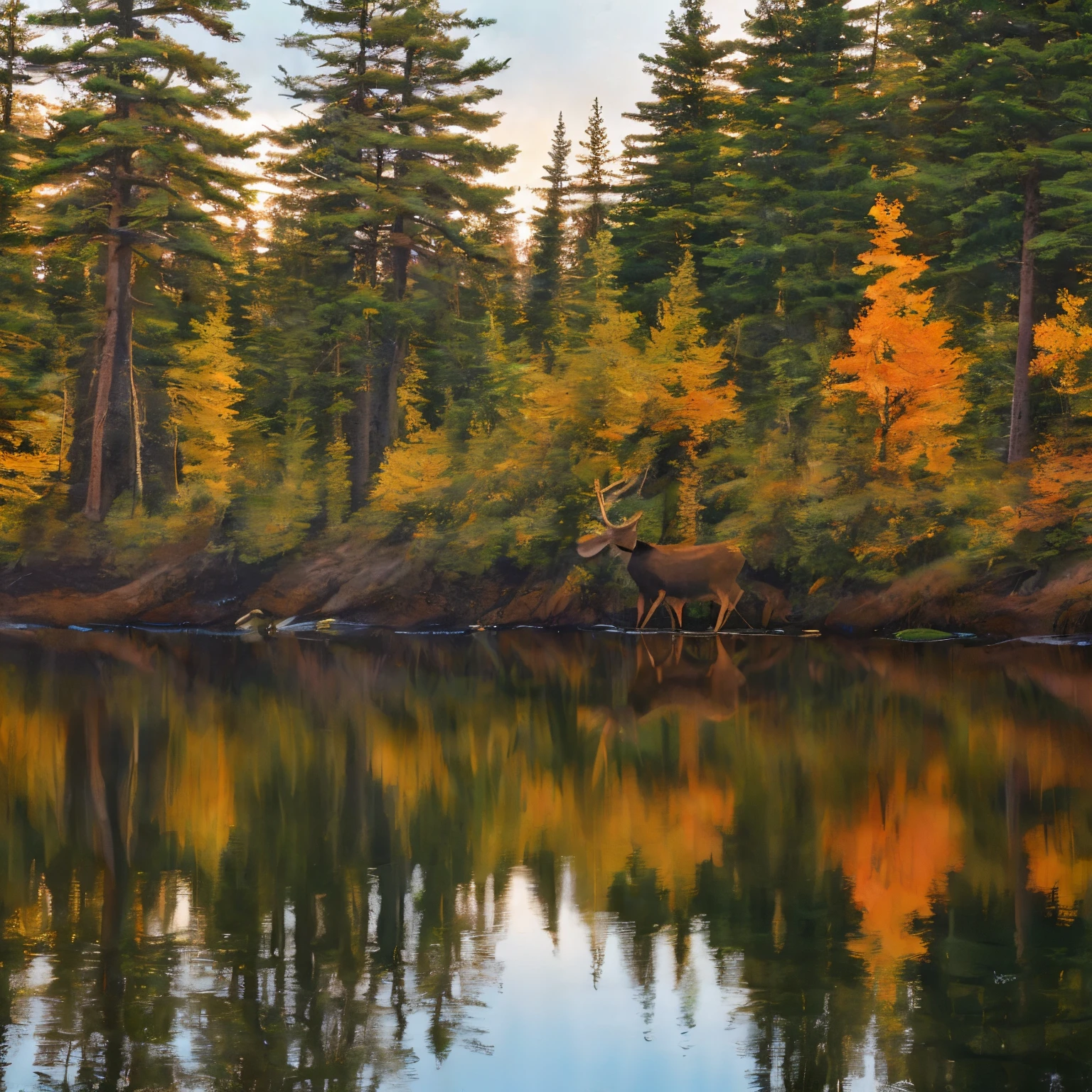best quality,ultra-detailed,realistic,moose sitting facing forward with legs extended,peaceful forest landscape,thick fur,beautiful antlers,natural lighting,vivid colors,autumn color palette,ethereal atmosphere,gentle breeze,sunlight filtering through the trees,soft moss-covered ground,tall pine trees providing shade and tranquility,subtle sound of rustling leaves,pristine lake in the background,reflection of the moose on the calm water,hint of mist in the air,serene and majestic nature scene,jaw-dropping level of detail and realism.