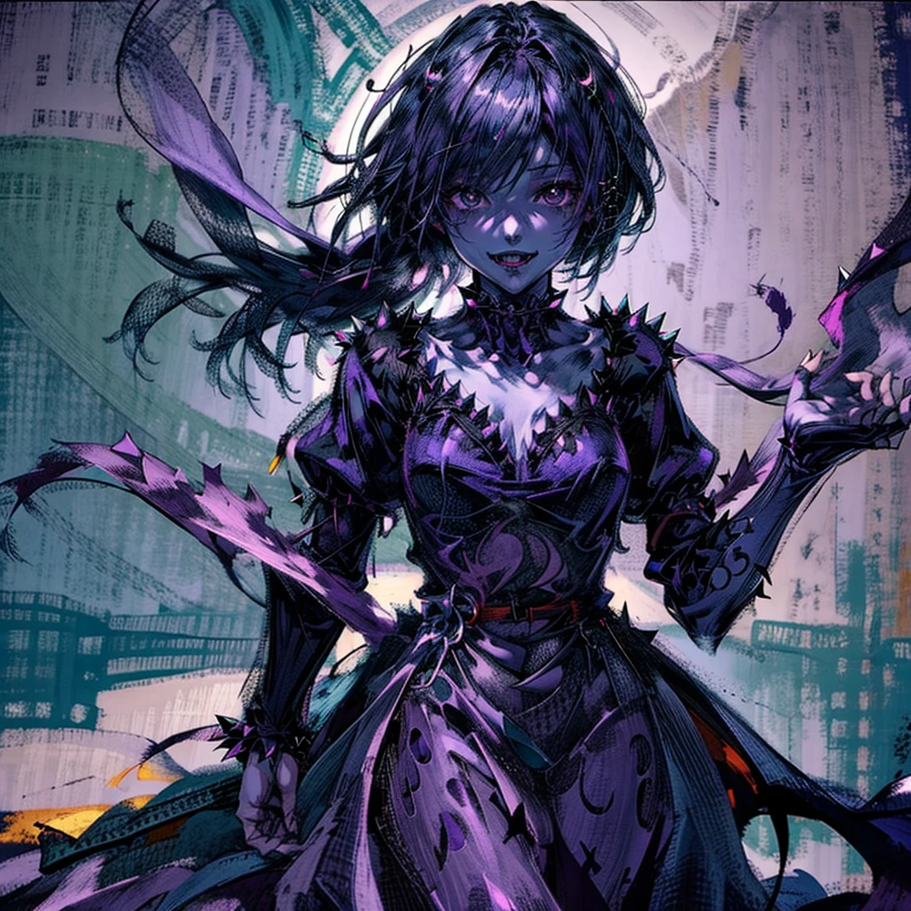 ghost, (Monster Girl), Purple skin, spikes, spiky purple hair, fanged smile, floating hands, Wearing a dark purple dress, Floating in mid-air, masutepiece, Best Quality