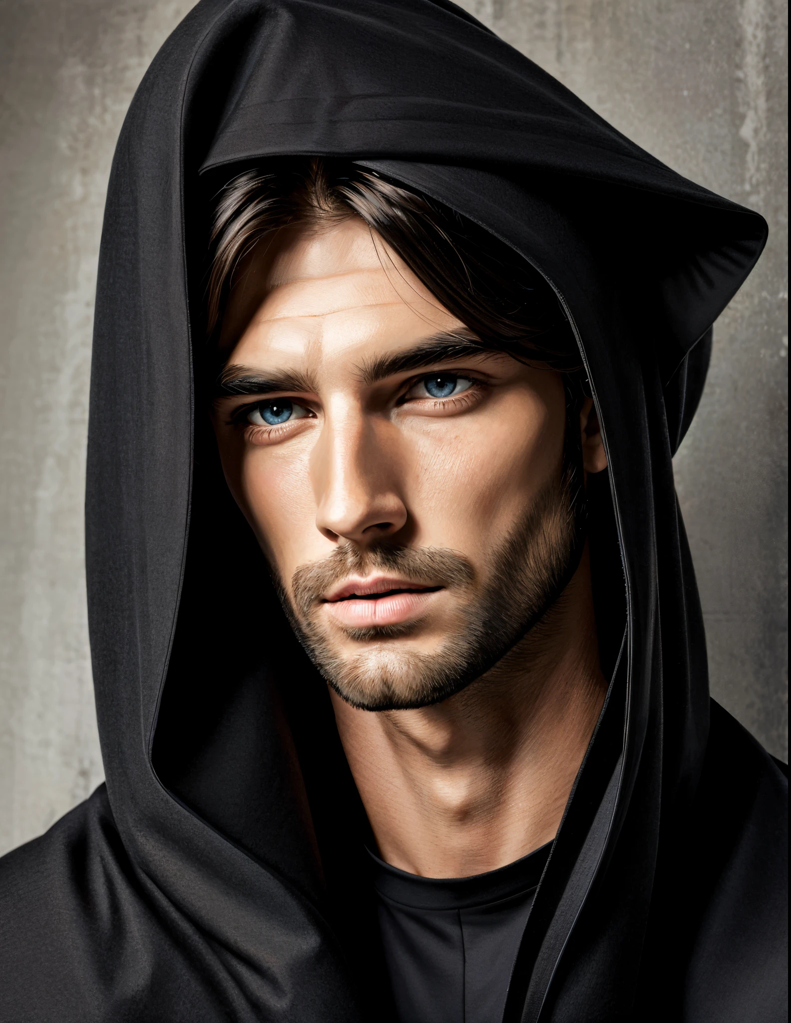 Long black hair
Stubble bear
Male
Grey eyes
Hyperrealistic
Black cloak