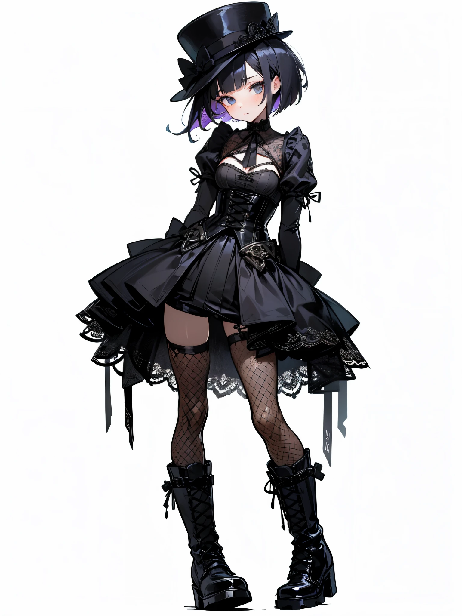 1 girl, two tones hair, short bob, Illustrate a bold and edgy Gothic punk outfit, highlighting a stylish wide-brimmed hat and a form-fitting corset. Show a unique blend of modern and vintage elements, complete with black latex hot pants, intricately patterned sheer tights with calligraphy designs, and ankle-high lace-up boots.