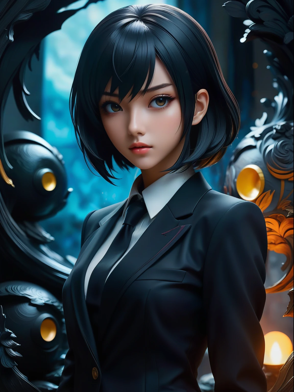 ((It is an illustration of a girl wearing an elegant suit)) in a dark and mysterious setting, surrounded by paper mache sculptures and vibrant oil paint. The girl&#39;s confident and stylish presence is reminiscent of the anime&#39;s aesthetic, with sharp lines and expressive strokes. The use of paper mache and oil paint adds texture and depth to the artwork, aumentando seu impacto visual. This illustration captures the enigmatic and artistic essence of the girl, combining dark and mysterious elements with the dynamic and captivating world of the anime. Maximum sharpness, UHD, 16k, best possible quality, ultra detalhado, best possible resolution.