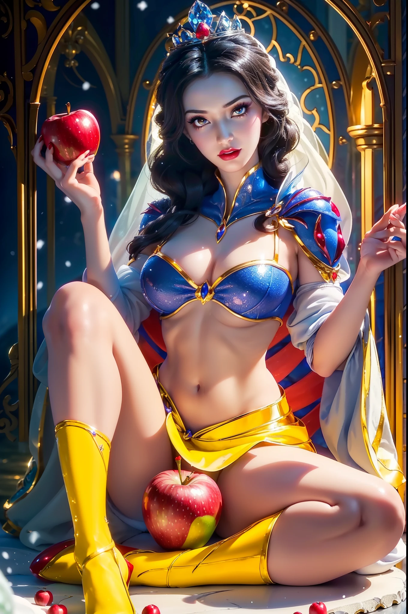 (generate princess snow white from disney, spread legs, holding an apple, beautifull face, pretty face, beautifull eyes, beautifull nose, raytracing, beautifull fingers, beautifull hands, (4 fingers in 1 hand), full body photoshoot, pretty makeup, perfect anatomy, good lighting, professional photoshoot, sharp eye, fresh lips