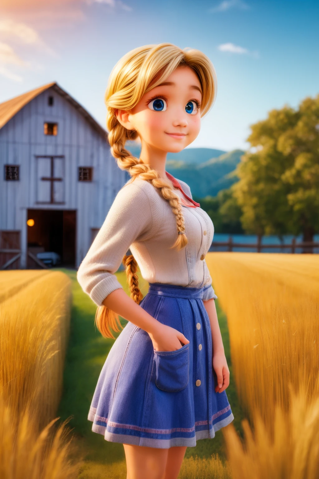 1个Giant Breast Girl, 20yr old, tall and attractive, Wearing cute country clothes, Hair braided, standing in a rustic farm setting. She has a soft, Gentle smile and expressive eyes. The background is a charming barn, Golden wheat fields and clear blue sky. The composition should be bathed in warm prime-hour light, Soft depth of field and soft bokeh accentuate the idyllic tranquility. Capture images just like shooting on old-school 35mm film,Add charm, cinematic ligh,