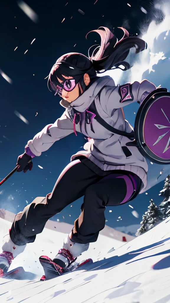 Homura Akemi, Anime Female, young, mountain ,snow, sweater, gloves, blowing wind, dark gray hair, purple eyes, skiing goggles, shield, pistol