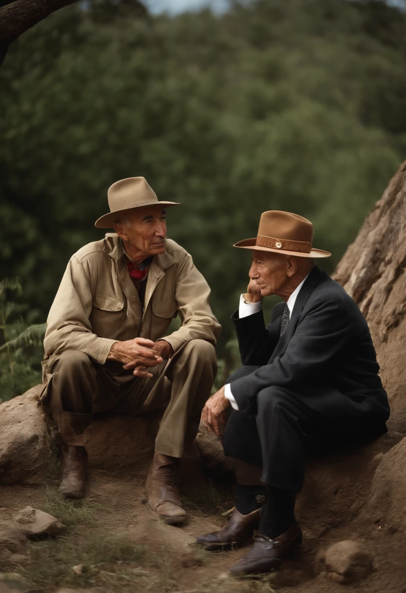 A photo of Oppenheimer engrossed in a deep conversation with a Native American elder, exchanging profound thoughts.,World War II,J. Robert Oppenheimer was a slender, sharp-featured man, often seen with a cigarette in hand, which complemented his contemplative demeanor. He had deep-set eyes and a prominent nose, which, alongside his habitual wearing of a pork pie hat, gave him a distinctive silhouette.