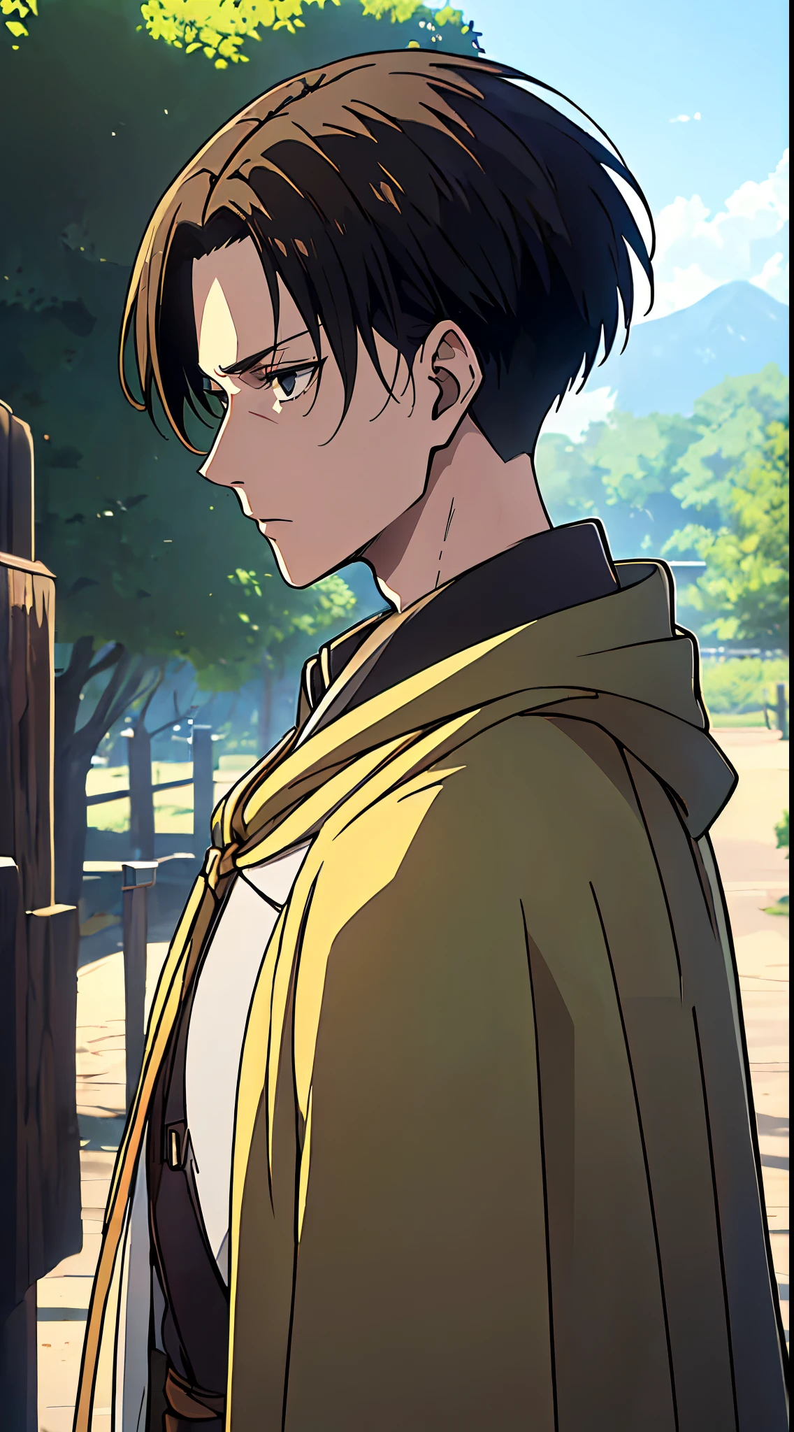 ((4K works))、​masterpiece、（top-quality)、((high-level image quality))、((One Manly Boy))、Slim body、((green survey corps cloak fashion))、((Men's Fashion))、(Detailed beautiful eyes)、town in the morning、Levi Ackerman、Attack on Titan、((short hair above the ears))、((Smaller face))、((Neutral face))、((28 year old))、((Handsome man))、((Korean Makeup))、((elongated and sharp eyes))、((Black eyes))、((Like a celebrity))、Everyday photography、((Shot alone))、((Shot diagonally from the side))、((Upper body photography))、((Sharp eyes))