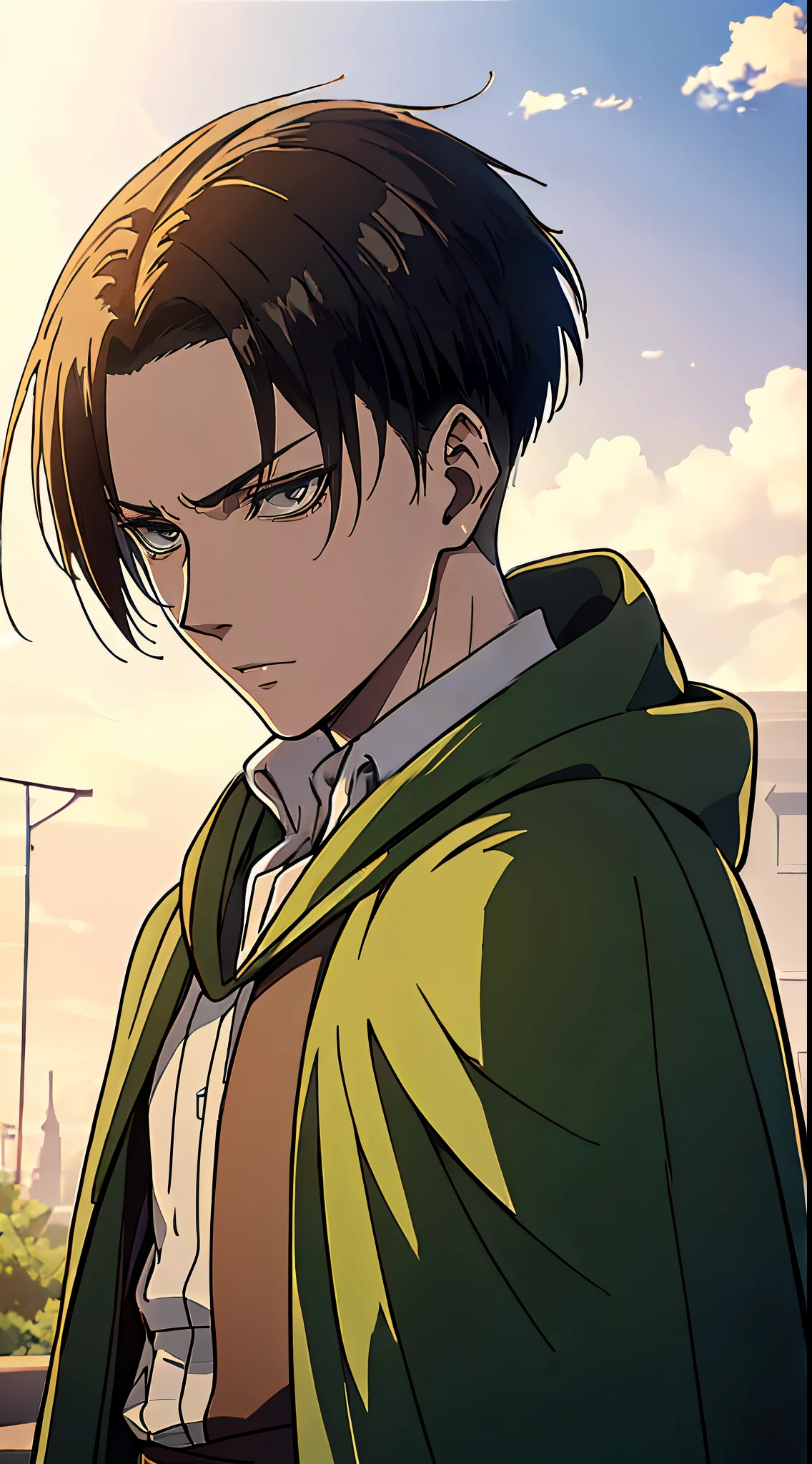 ((4K works))、​masterpiece、（top-quality)、((high-level image quality))、((One Manly Boy))、Slim body、((green survey corps cloak fashion))、((Men's Fashion))、(Detailed beautiful eyes)、town in the morning、Levi Ackerman、Attack on Titan、((short hair above the ears))、((Smaller face))、((Neutral face))、((28 year old))、((Handsome man))、((Korean Makeup))、((elongated and sharp eyes))、((Black eyes))、((Like a celebrity))、Everyday photography、((Shot alone))、((Shot diagonally from the side))、((Upper body photography))、((Sharp eyes))